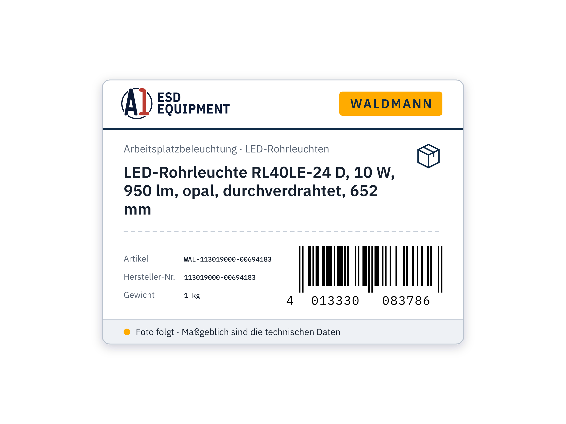 LED tube luminaire RL40LE-24 D, 10 W, 950 lm, opal, through-wired, 652 mm - Waldmann 113019000-00694183