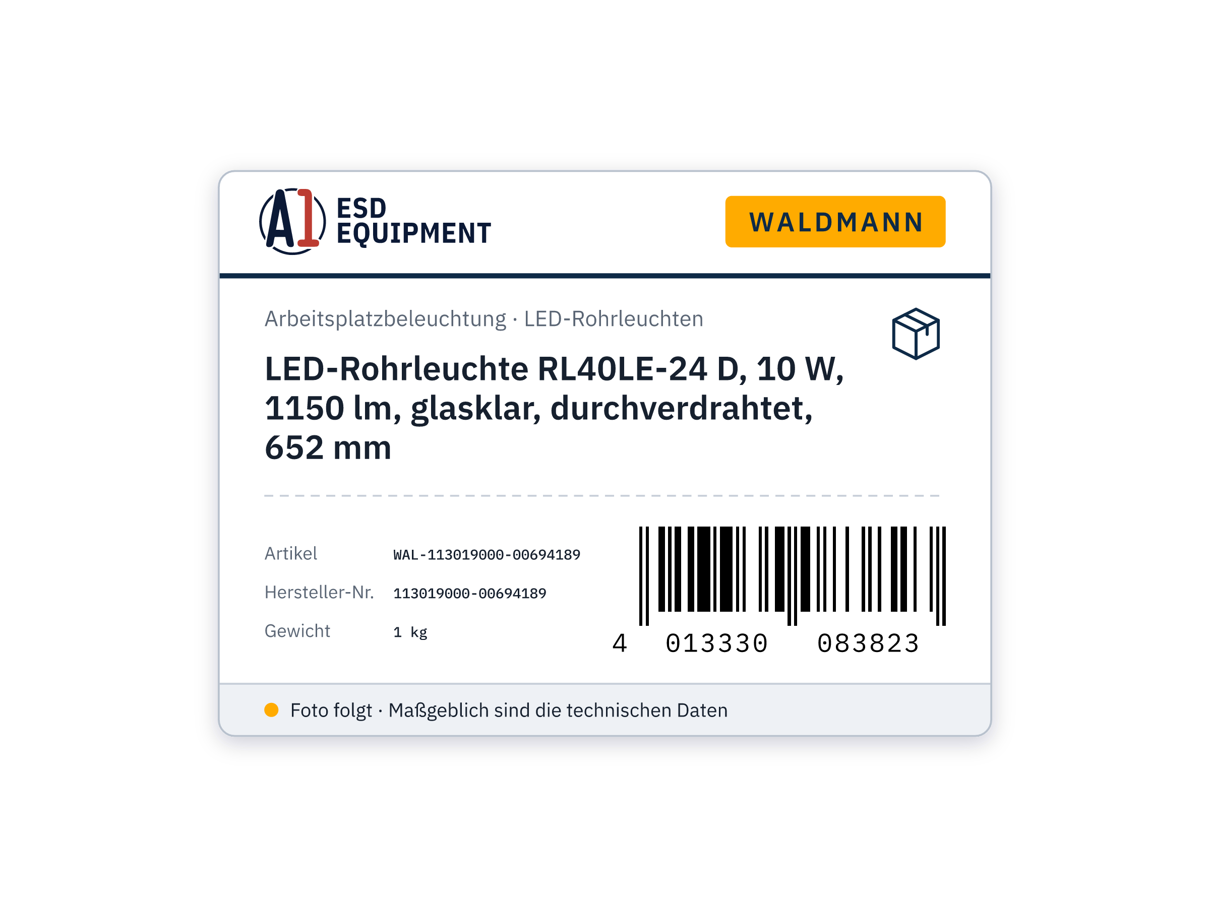 LED-Rohrleuchte RL40LE-24 D, 10 W, 1150 lm, glasklar, durchverdrahtet, 652 mm - Waldmann 113019000-00694189