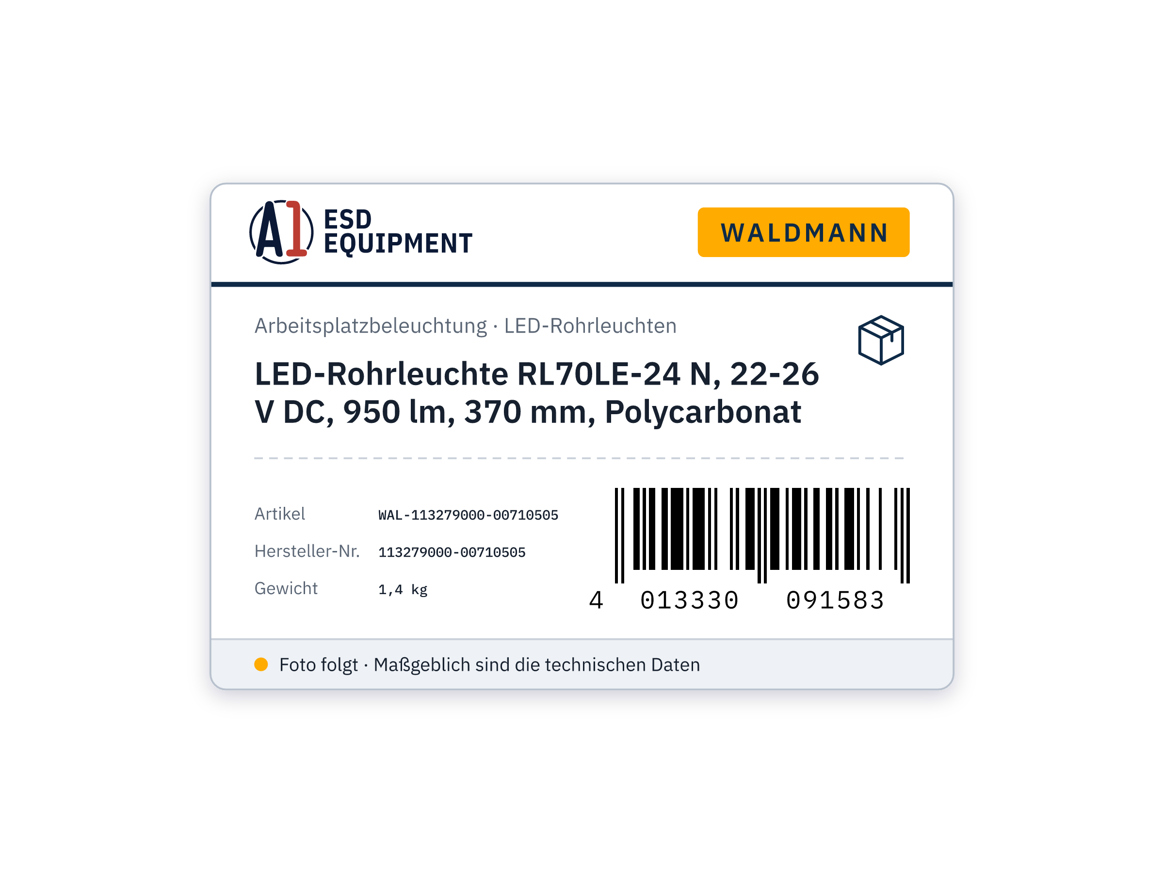 LED tube luminaire RL70LE-24 N, 22-26 V DC, 950 lm, 370 mm, polycarbonate - Waldmann 113279000-00710505
