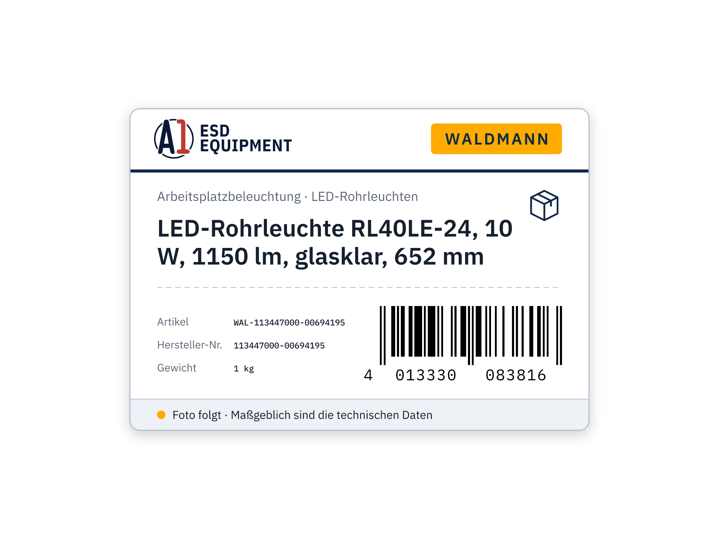 Luminaire tubulaire LED RL40LE-24, 10 W, 1150 lm, transparent, 652 mm - Waldmann 113447000-00694195