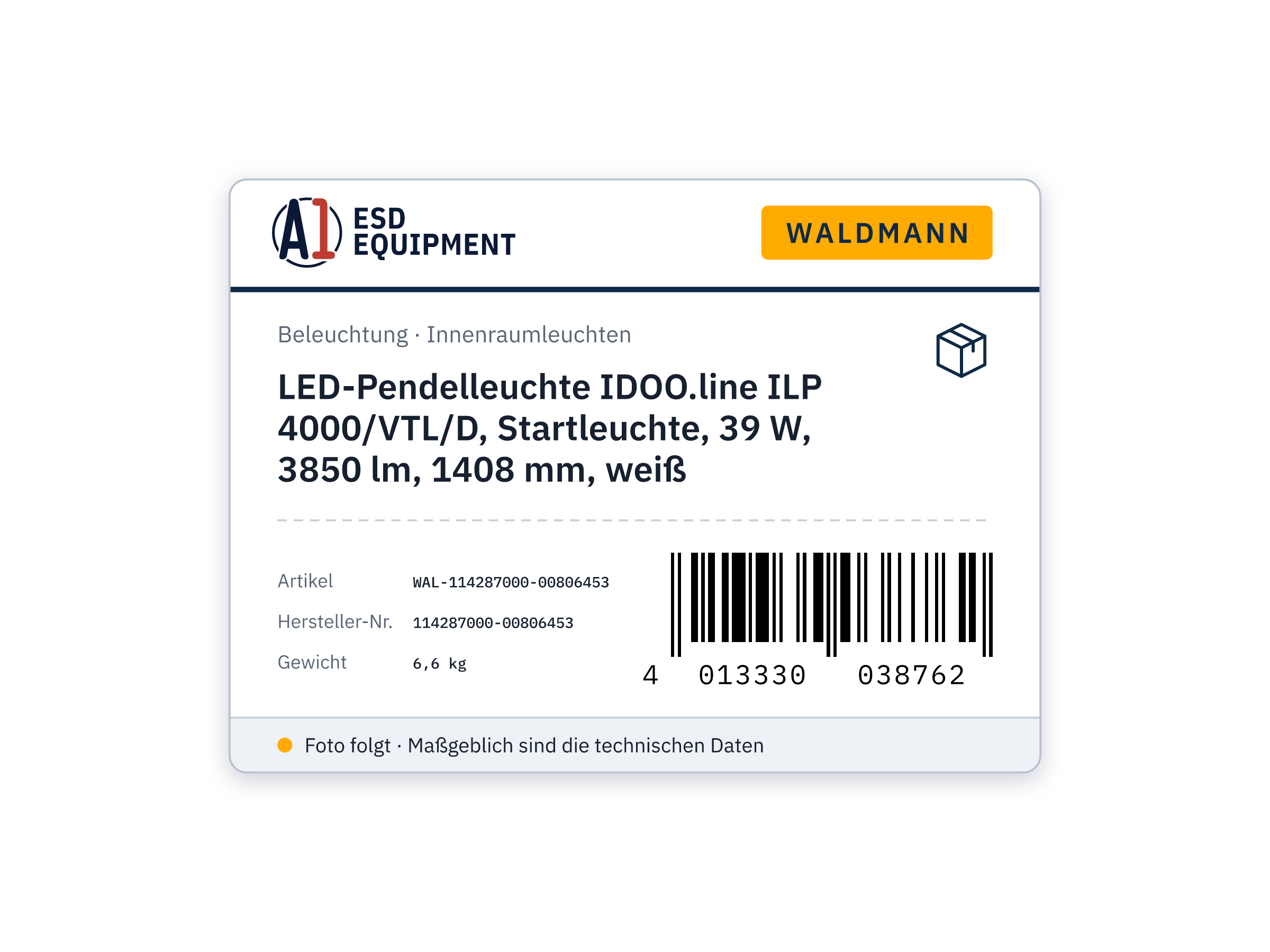LED-Pendelleuchte IDOO.line ILP 4000/VTL/D, Startleuchte, 39 W, 3850 lm, 1408 mm, weiß - Waldmann 114287000-00806453