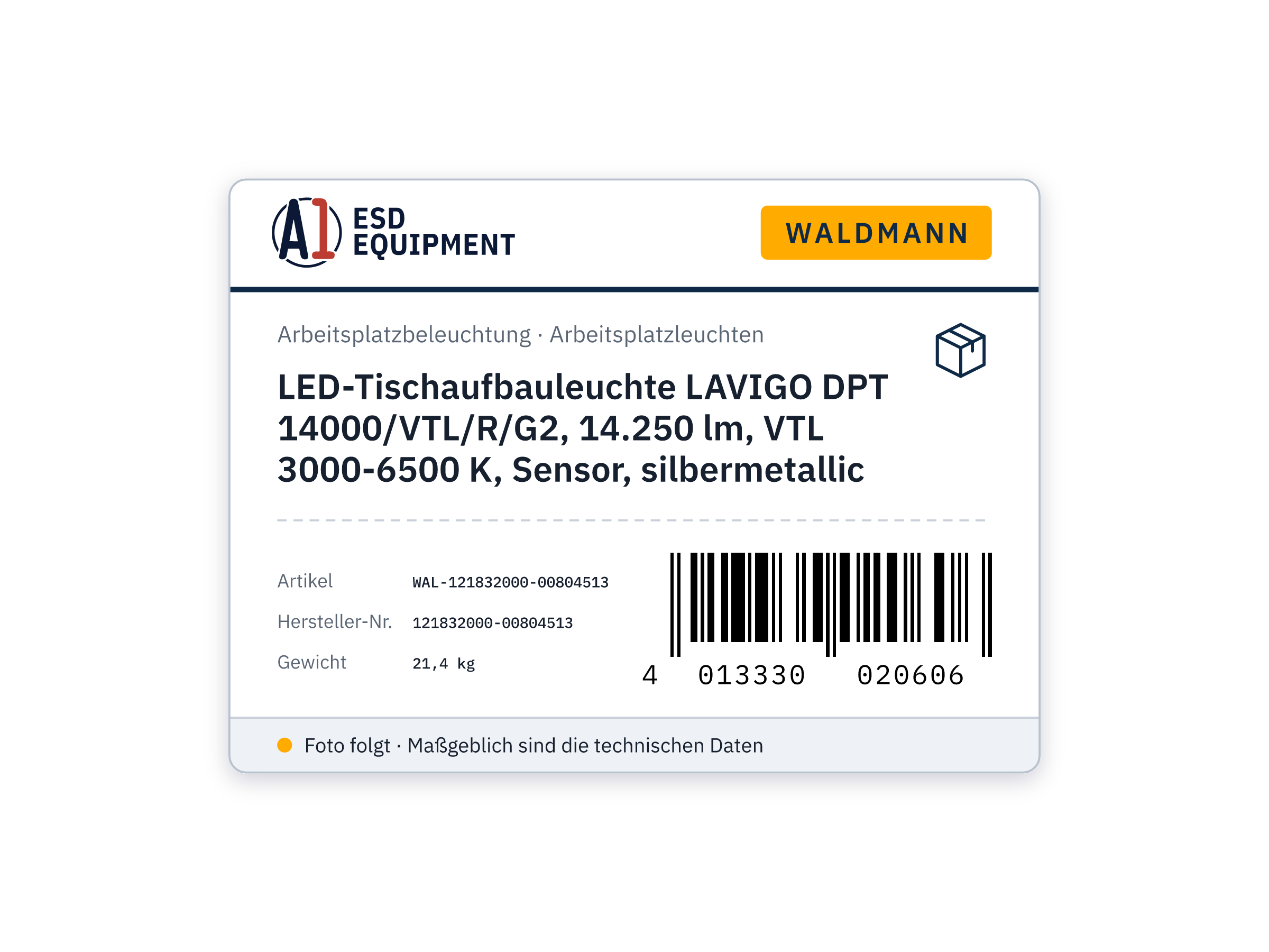 LED-Tischaufbauleuchte LAVIGO DPT 14000/VTL/R/G2, 14.250 lm, VTL 3000-6500 K, Sensor, silbermetallic - Waldmann 121832000-00804513