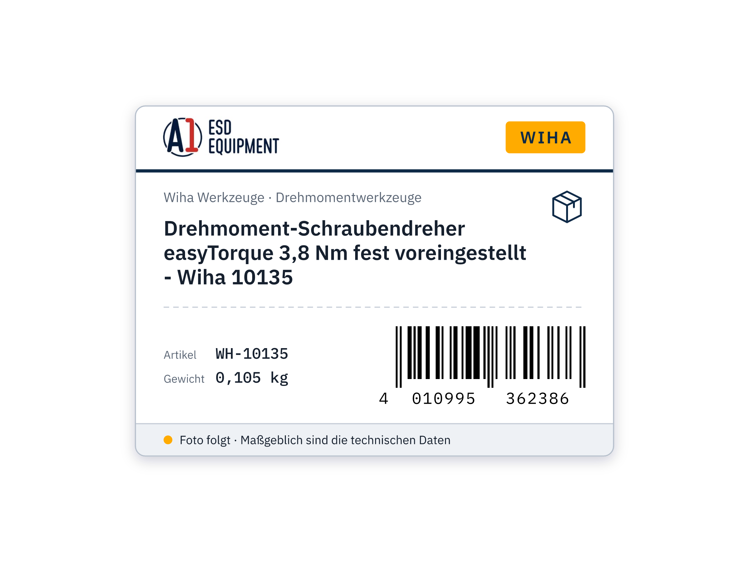 Drehmoment-Schraubendreher easyTorque 3,8 Nm fest voreingestellt - Wiha 10135