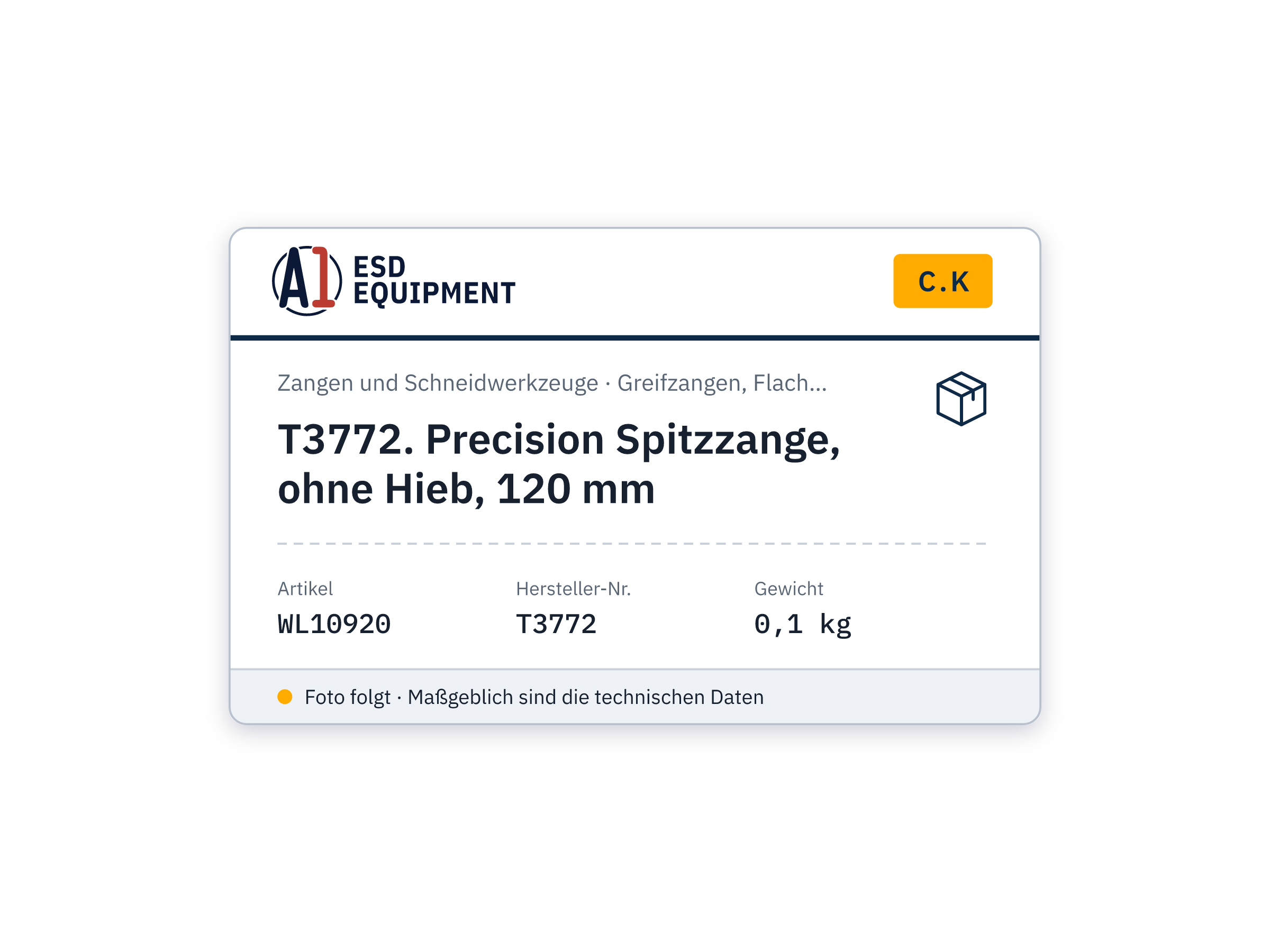 C.K T3772. Pince pointue Précision, courbée, sans taille
