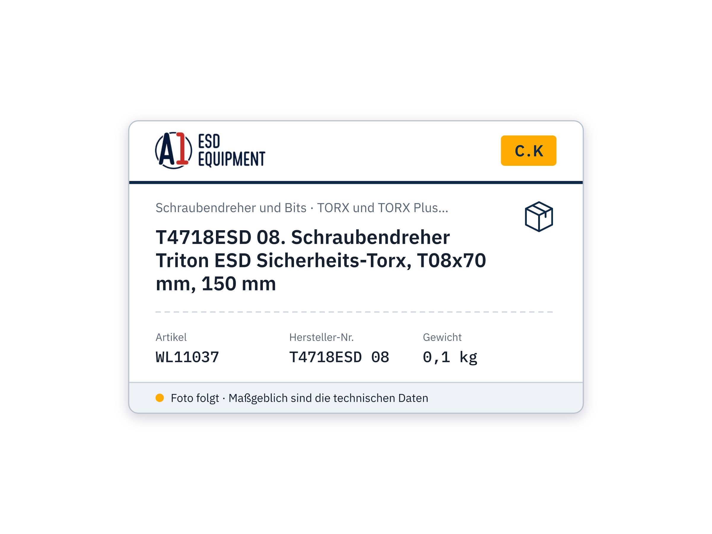 C.K T4718ESD 08. Schraubendreher Triton ESD Sicherheits-Torx, T08x70 mm, 150 mm