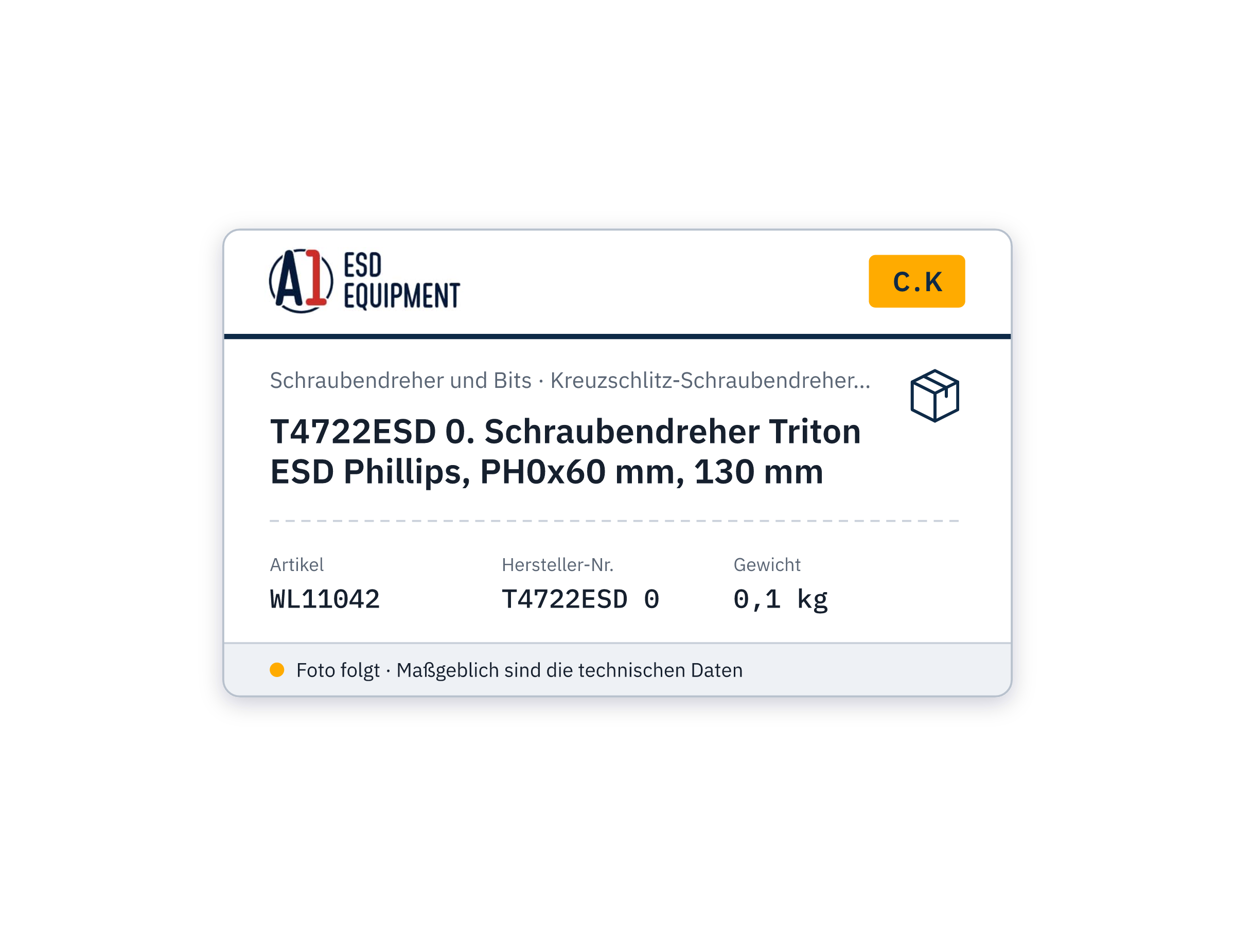 C.K T4722ESD 0. Schraubendreher Triton ESD Phillips, PH0x60 mm, 130 mm