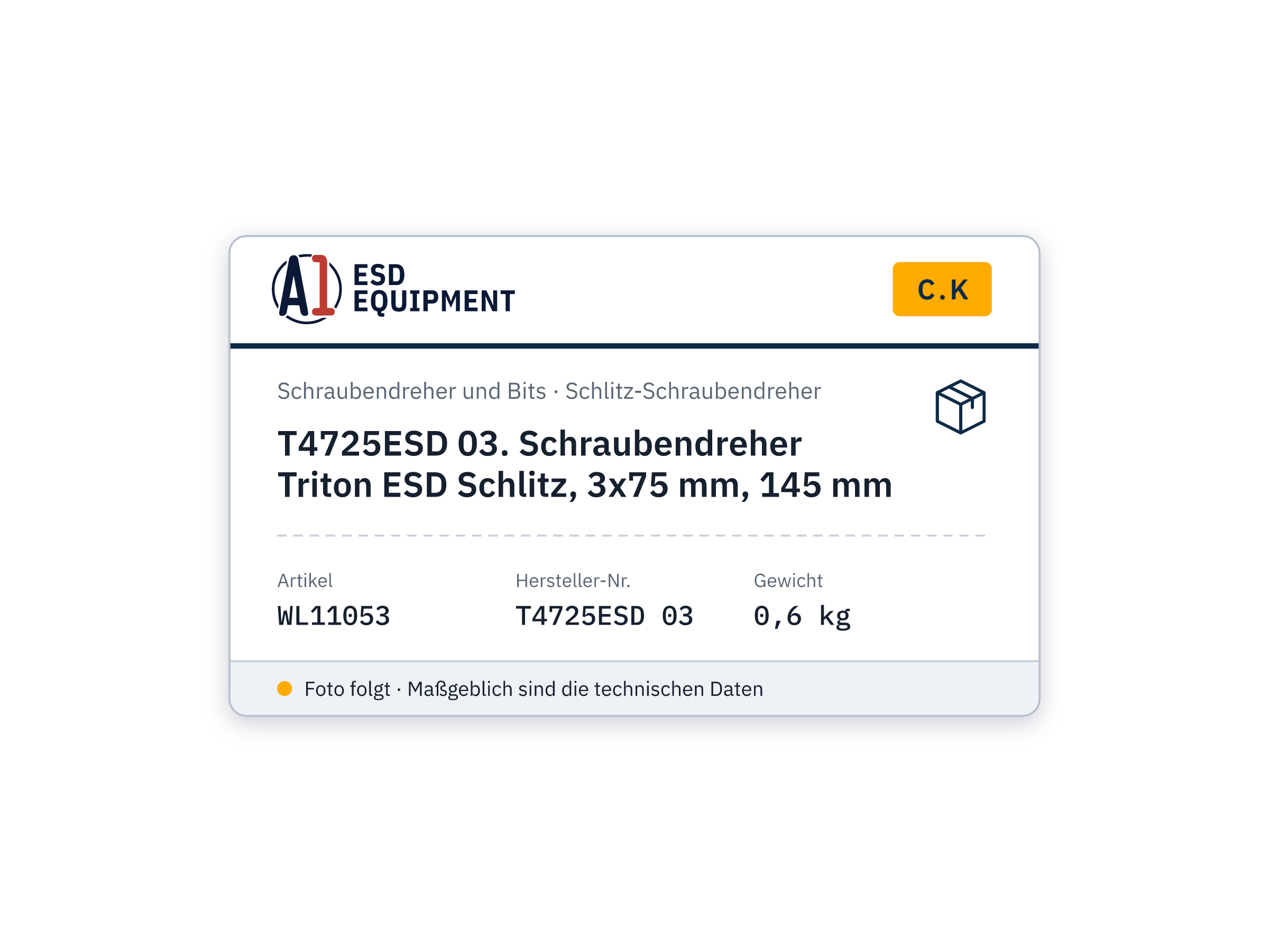 C.K T4725ESD 03. Schraubendreher Triton ESD Schlitz, 3x75 mm, 145 mm