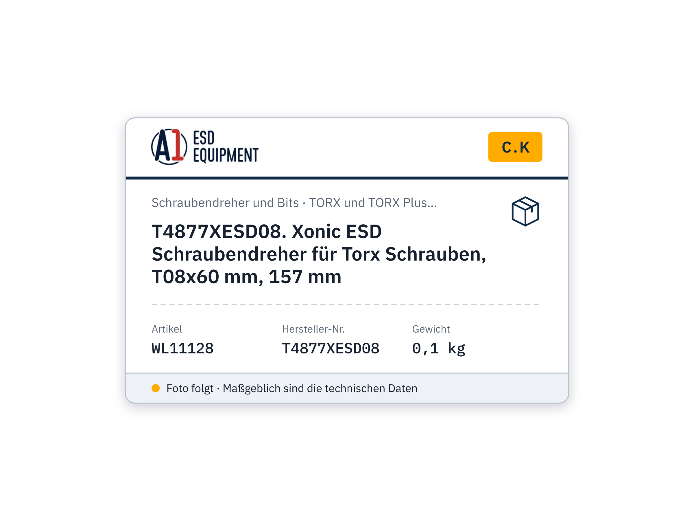 C.K T4877XESD08. Xonic ESD Schraubendreher für Torx Schrauben, T08x60 mm, 157 mm
