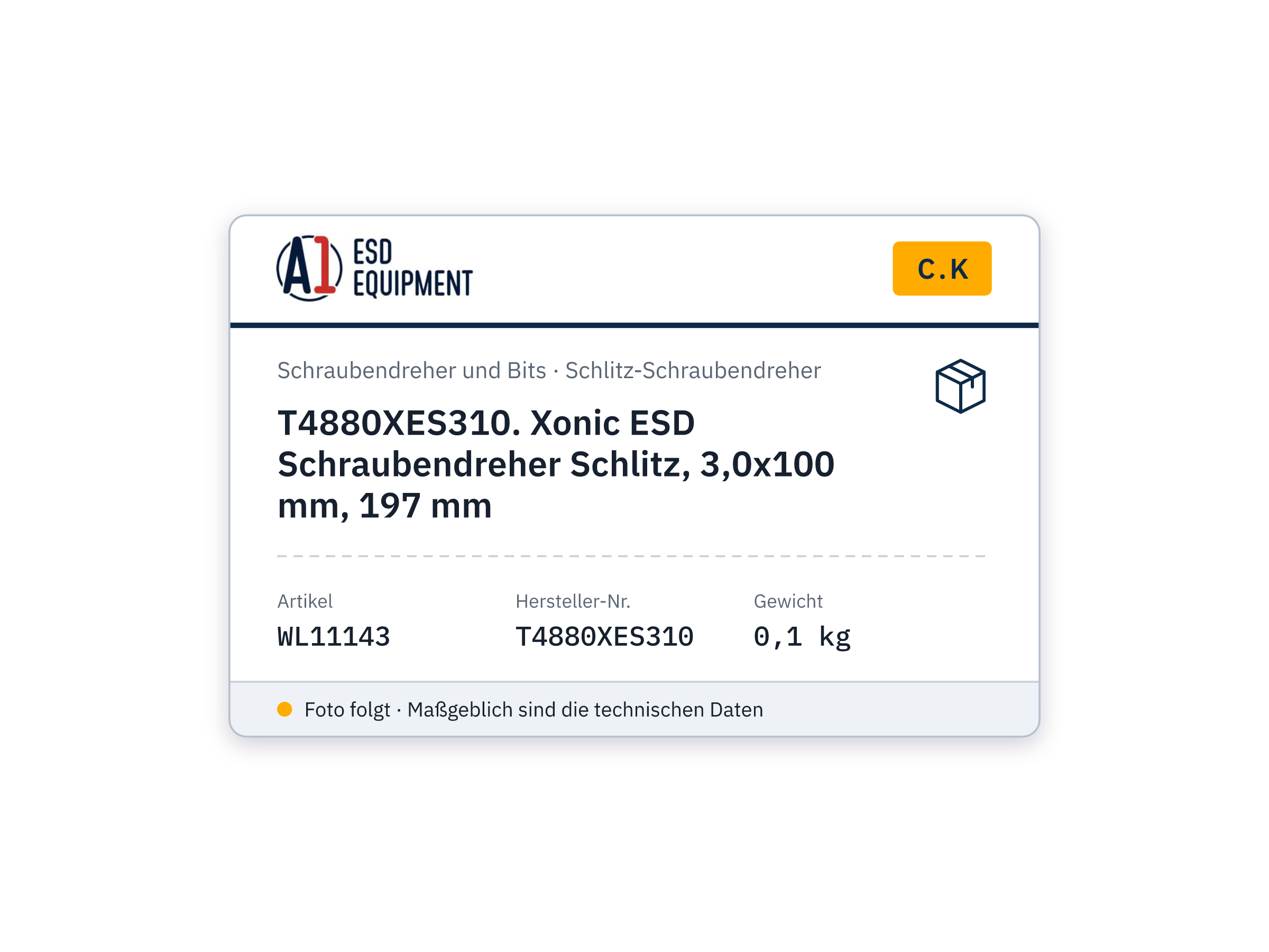 C.K T4880XES310. Xonic ESD Schraubendreher Schlitz, 3,0x100 mm, 197 mm