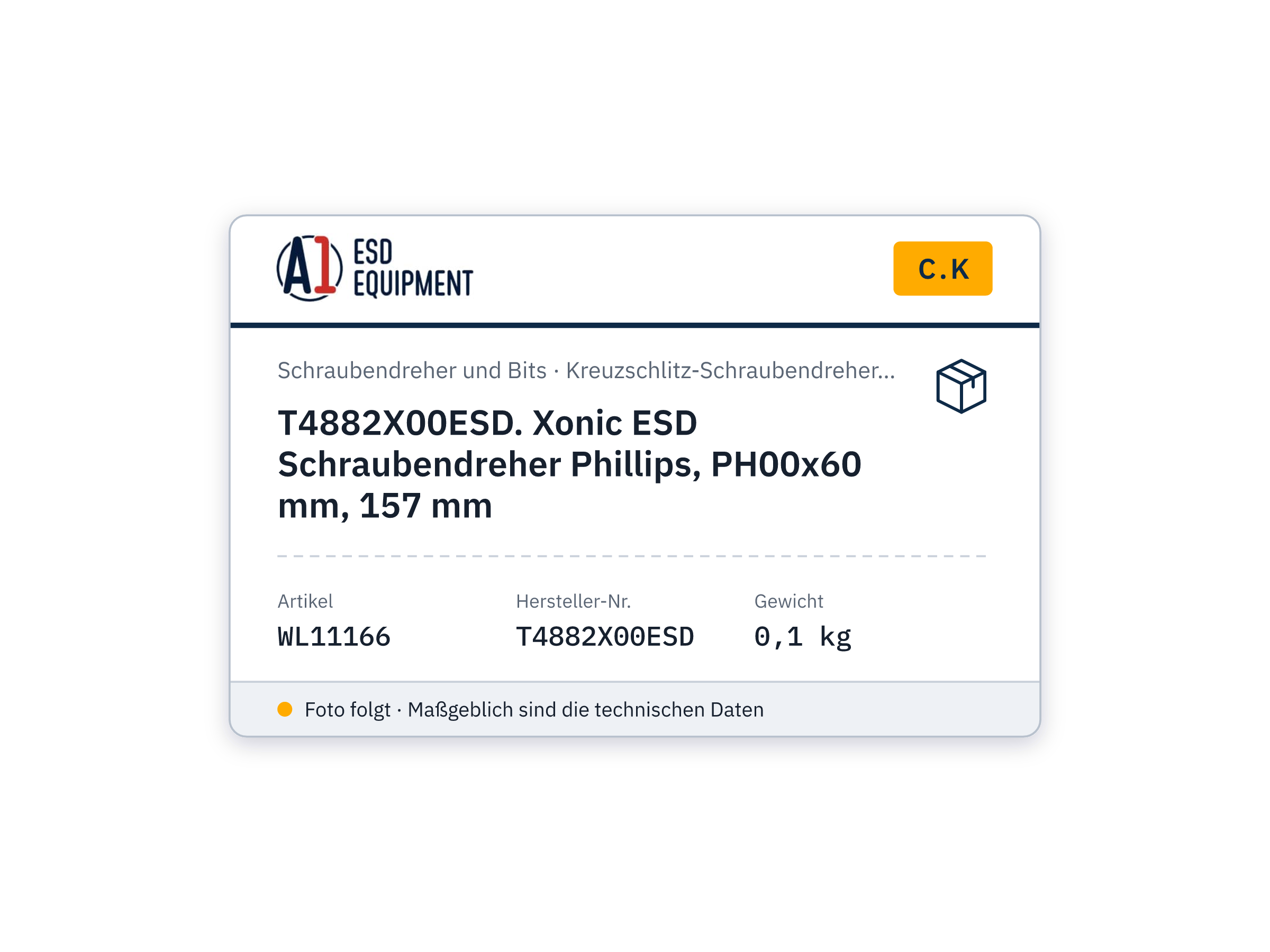 C.K T4882X00ESD. Xonic ESD Schraubendreher Phillips, PH00x60 mm, 157 mm