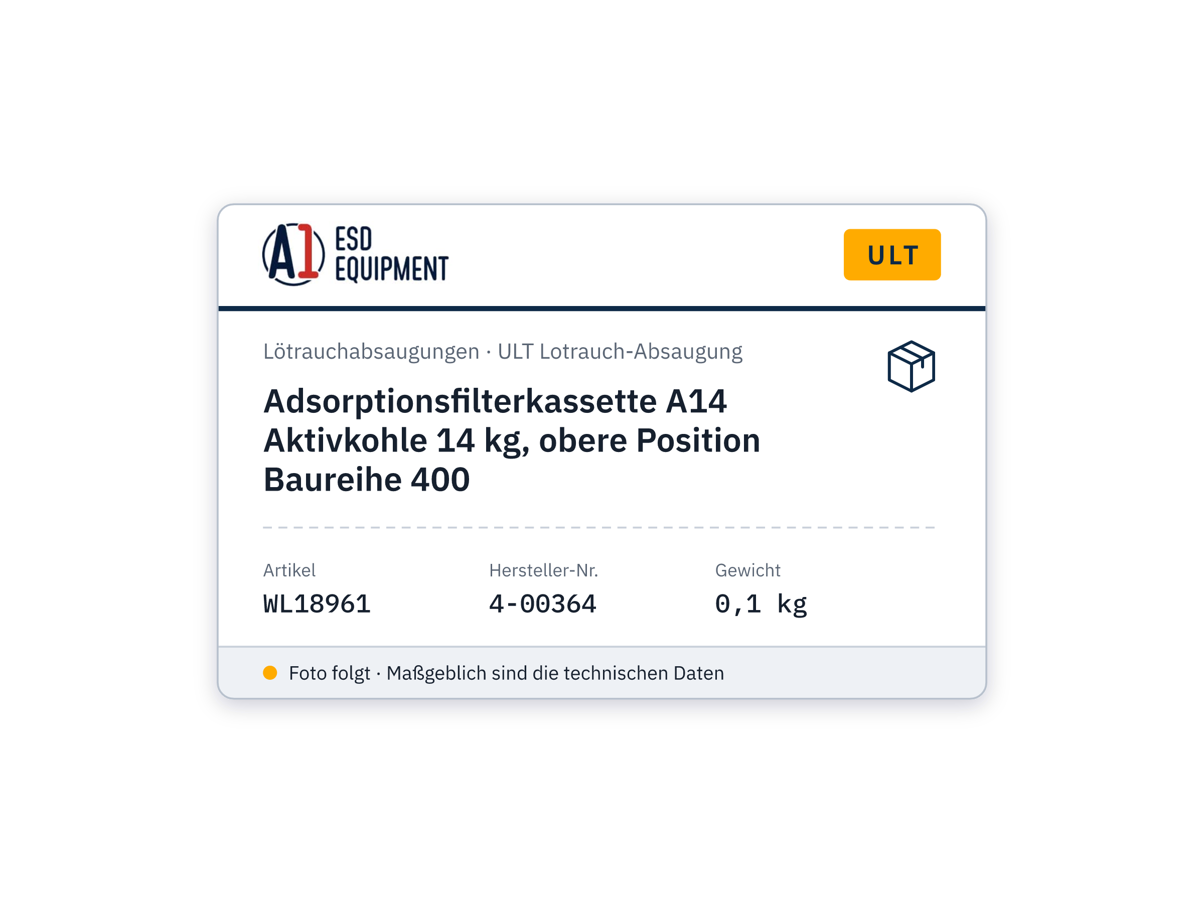 Cassette de filtre à adsorption A14 charbon actif 14 kg, position haute série 400 - ULT 4-00364