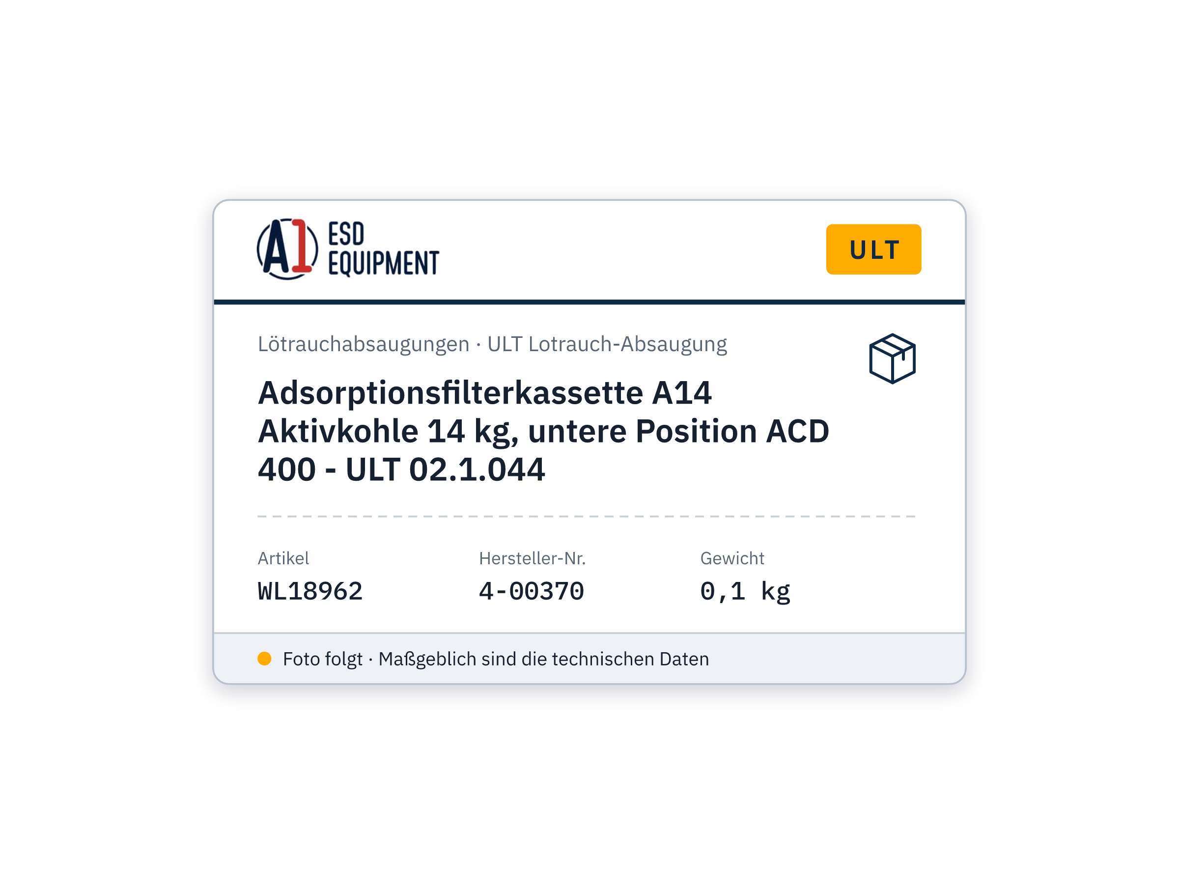 Cassette de filtre à adsorption A14 charbon actif 14 kg, position basse ACD 400 - ULT 02.1.044