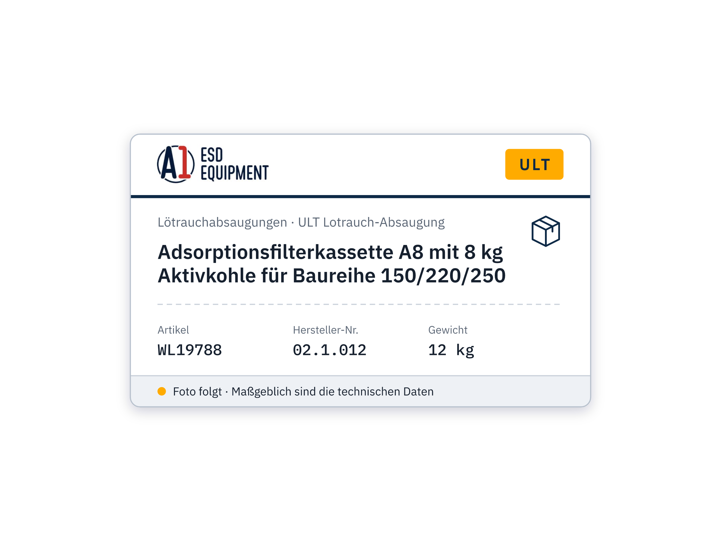 Cassette de filtre à adsorption A8 avec 8 kg de charbon actif pour 150/220/250 - ULT 02.1.012