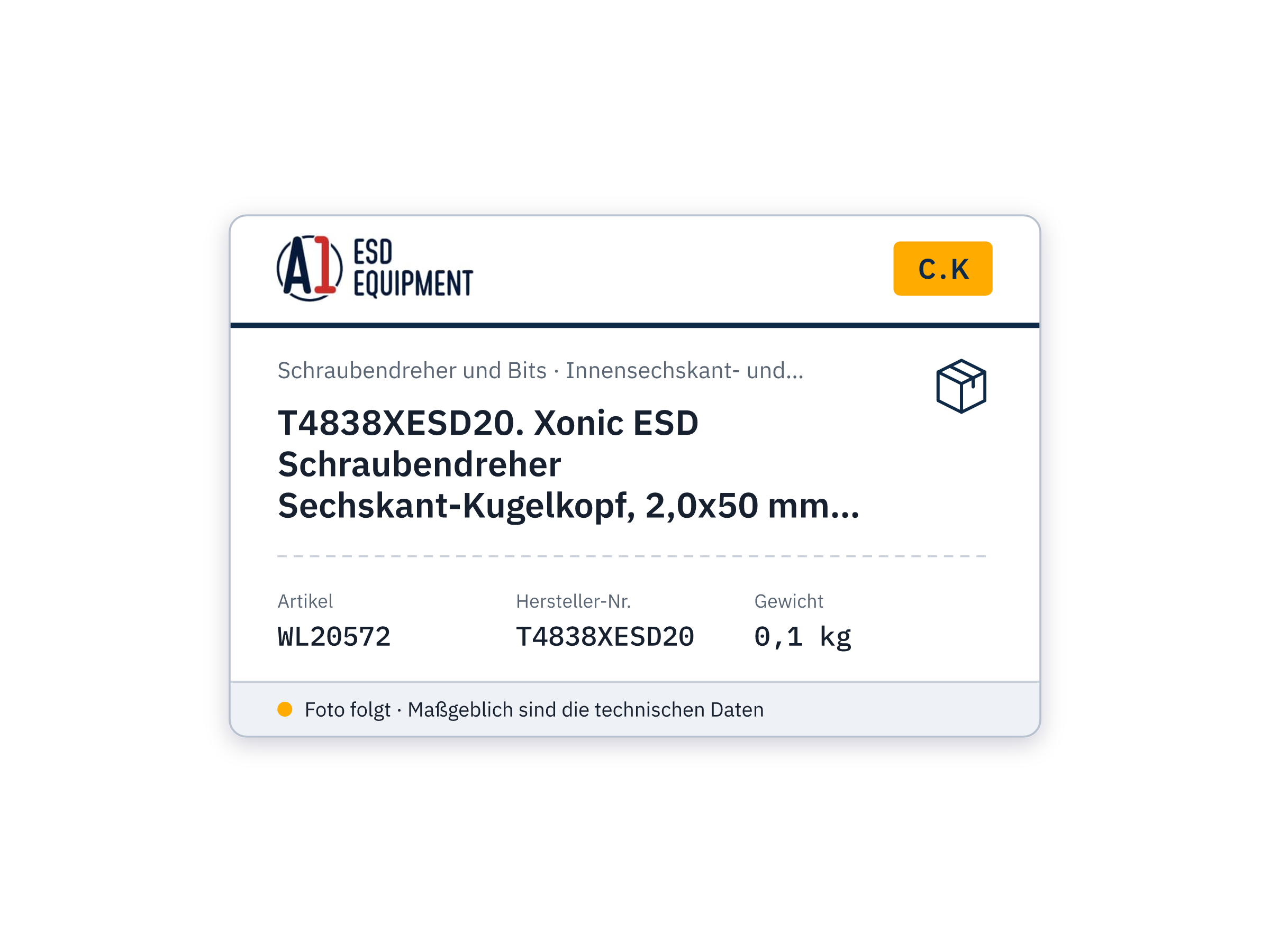 C.K T4838XESD20. Xonic ESD Schraubendreher Sechskant-Kugelkopf, 2,0x50 mm, 147 mm
