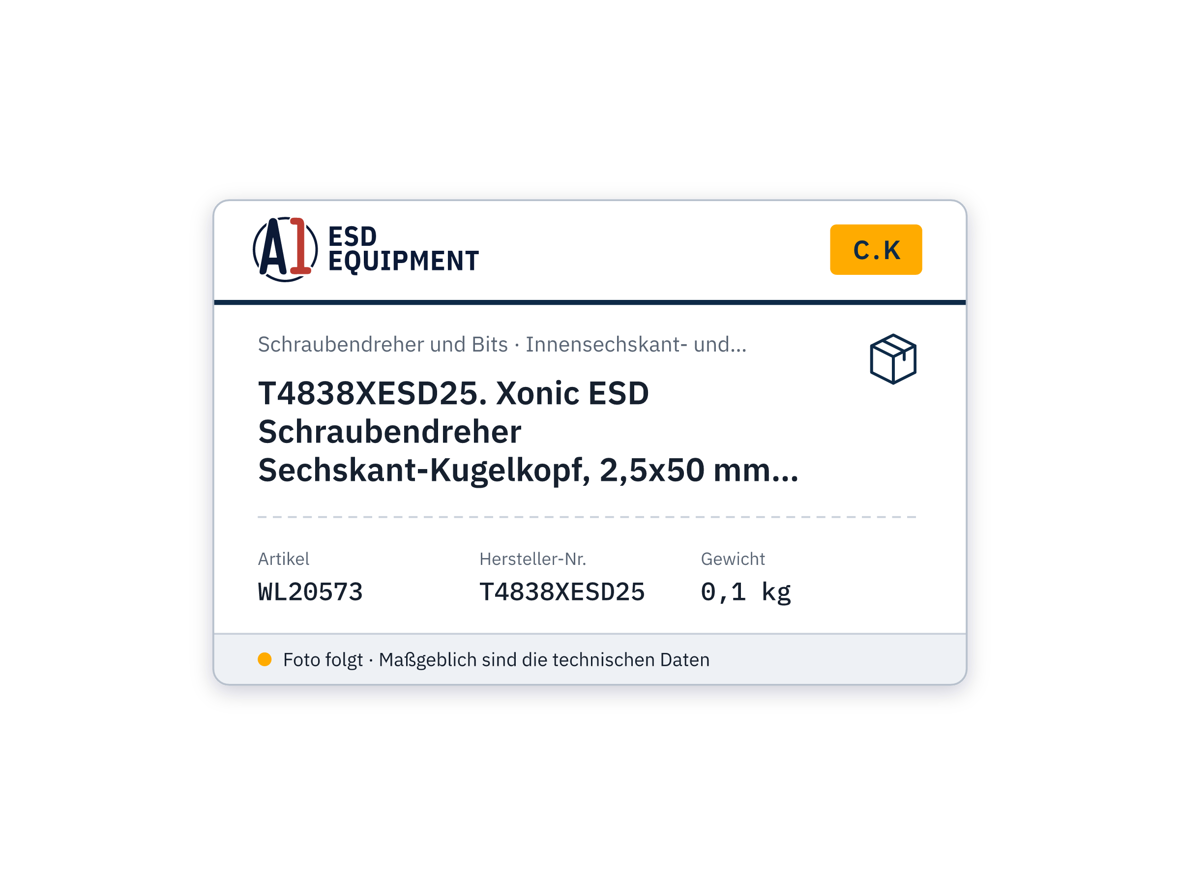 C.K T4838XESD25. Xonic ESD Schraubendreher Sechskant-Kugelkopf, 2,5x50 mm, 157 mm