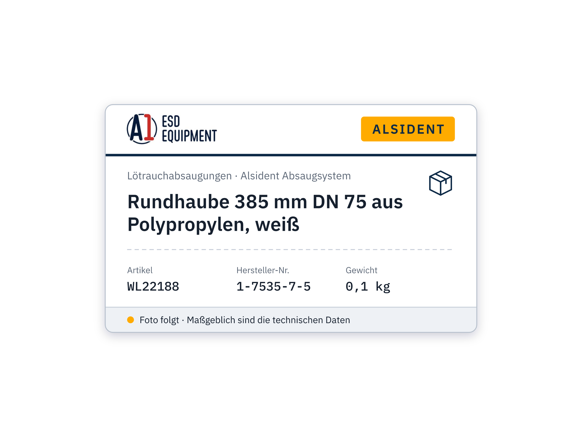 Rundhaube 385 mm DN 75 aus Polypropylen, weiß - Alsident 1-7535-7-5