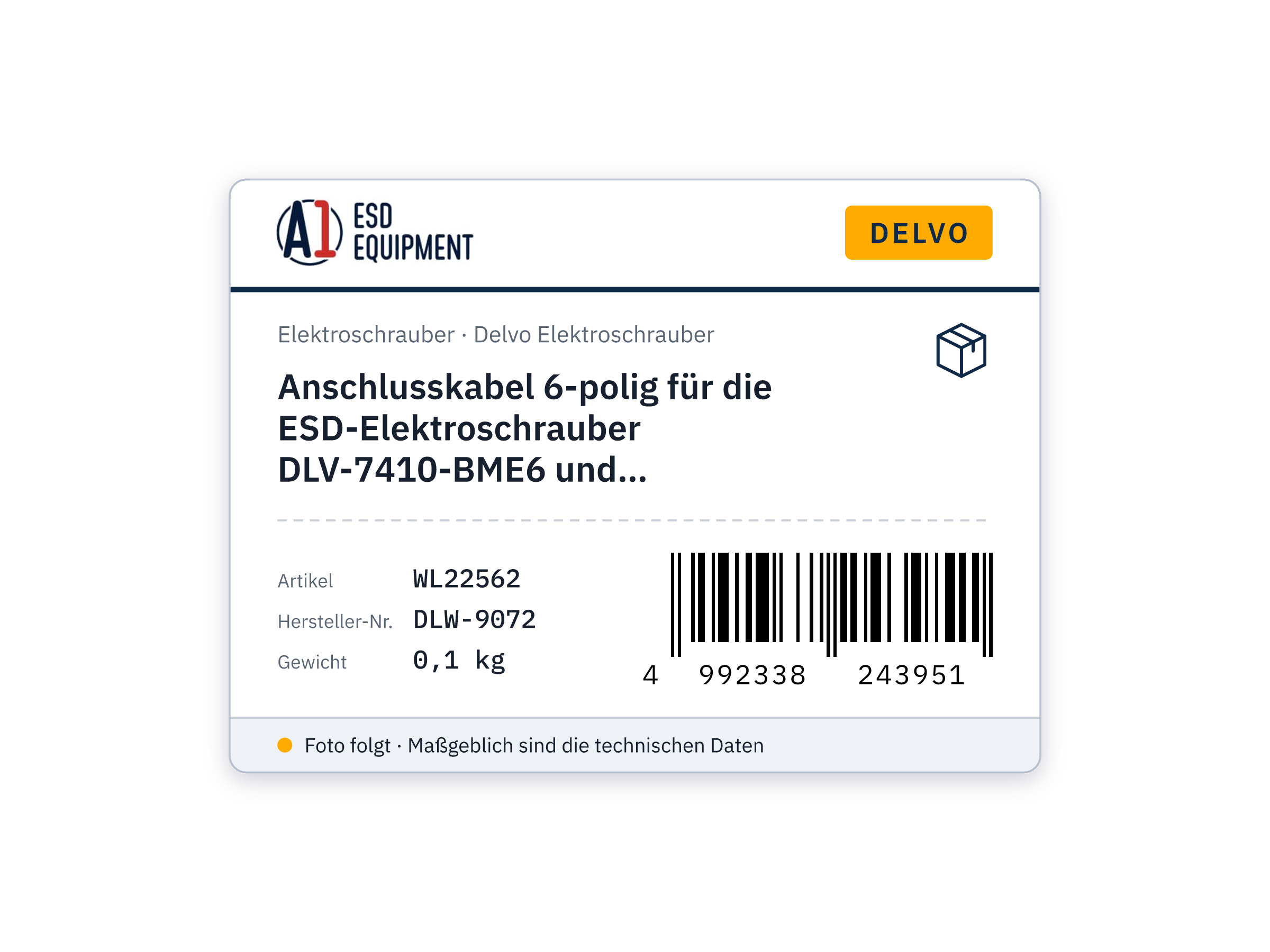 Câble de raccordement 6 pôles pour les visseuses ESD DLV-7410-BME6 et DLV7420A-BME6 - Delvo DLW-9072