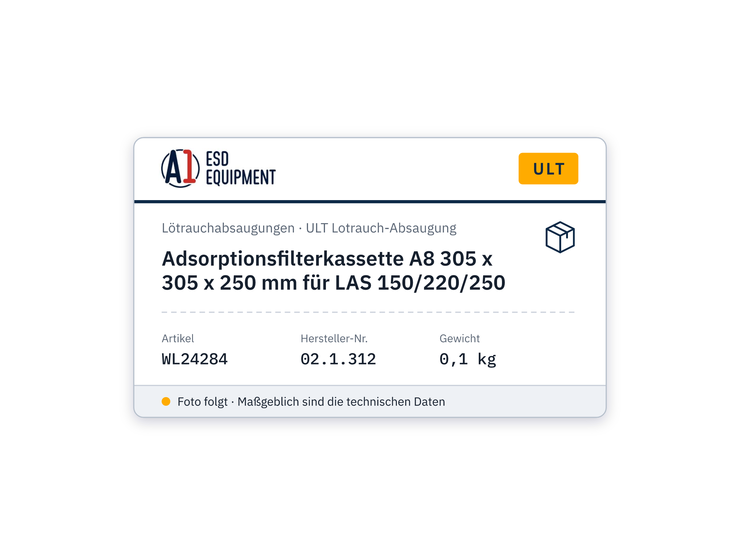 Cassette de filtre à adsorption A8 305 x 305 x 250 mm pour LAS 150/220/250 - ULT 02.1.312