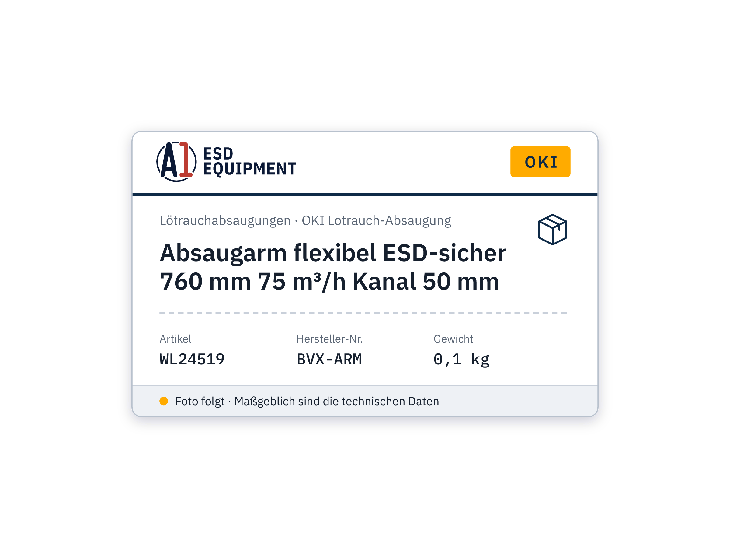 Absaugarm flexibel ESD-sicher 760 mm 75 m³/h Kanal 50 mm - Oki BVX-ARM