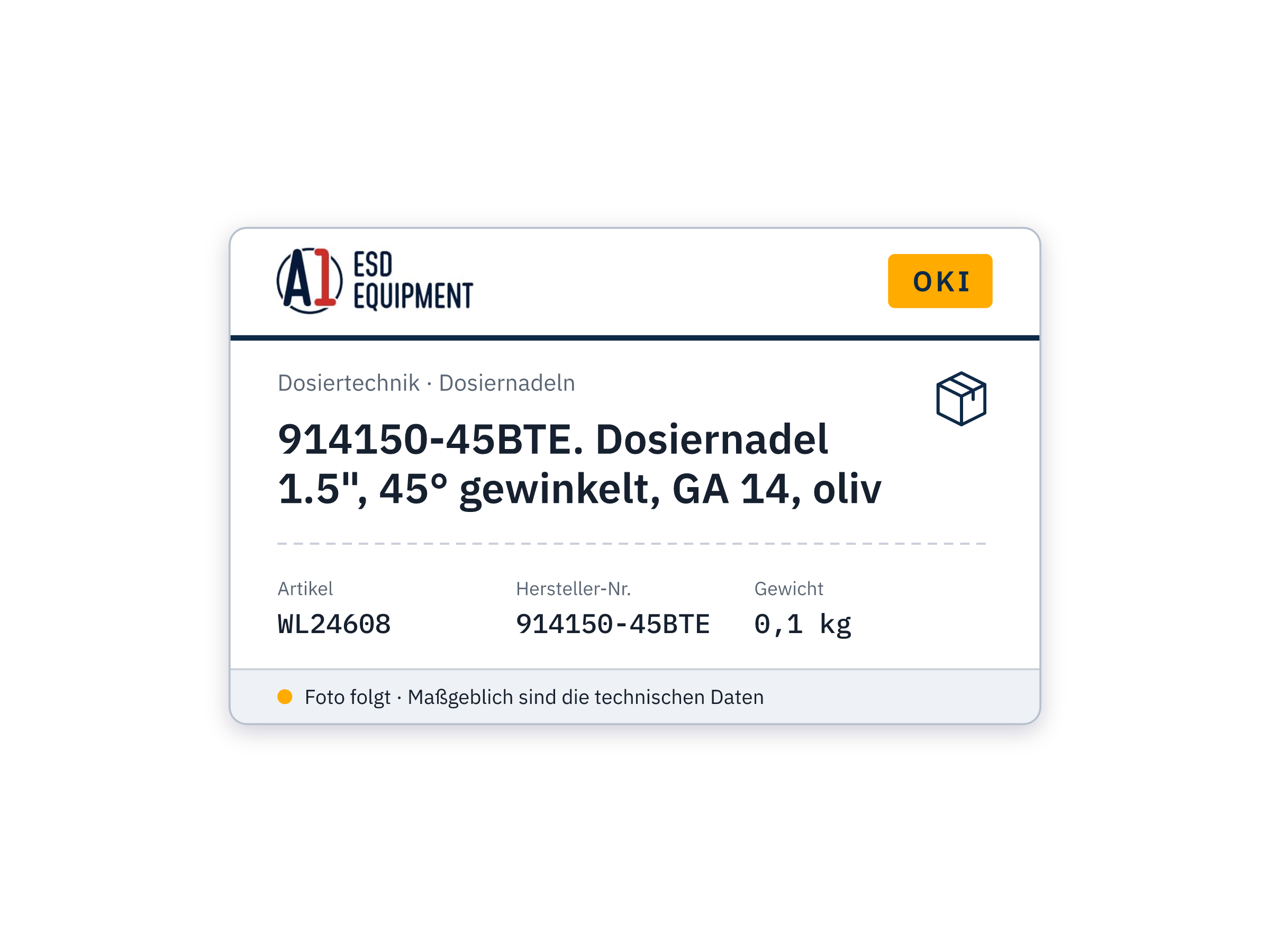 Oki 914150-45BTE. Dosiernadel 1.5", 45° gewinkelt, GA 14, oliv