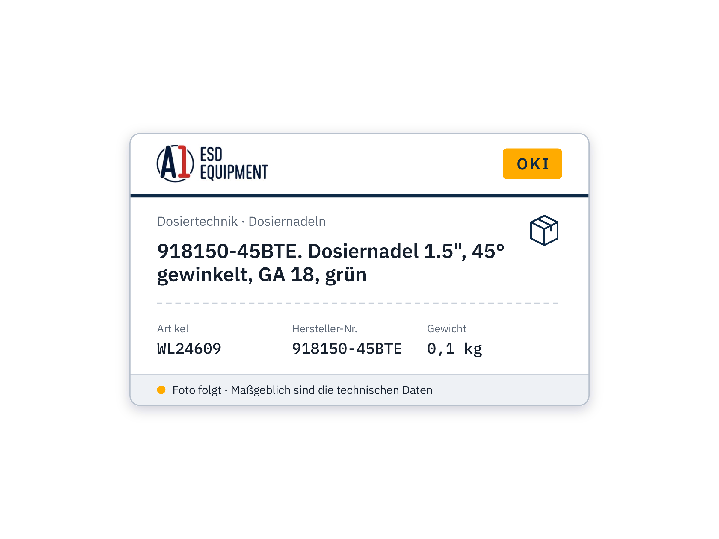 Oki 918150-45BTE. Dosiernadel 1.5", 45° gewinkelt, GA 18, grün