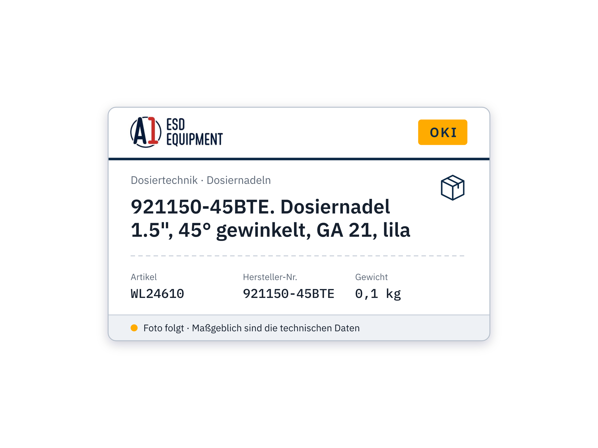 Oki 921150-45BTE. Dosiernadel 1.5", 45° gewinkelt, GA 21, lila