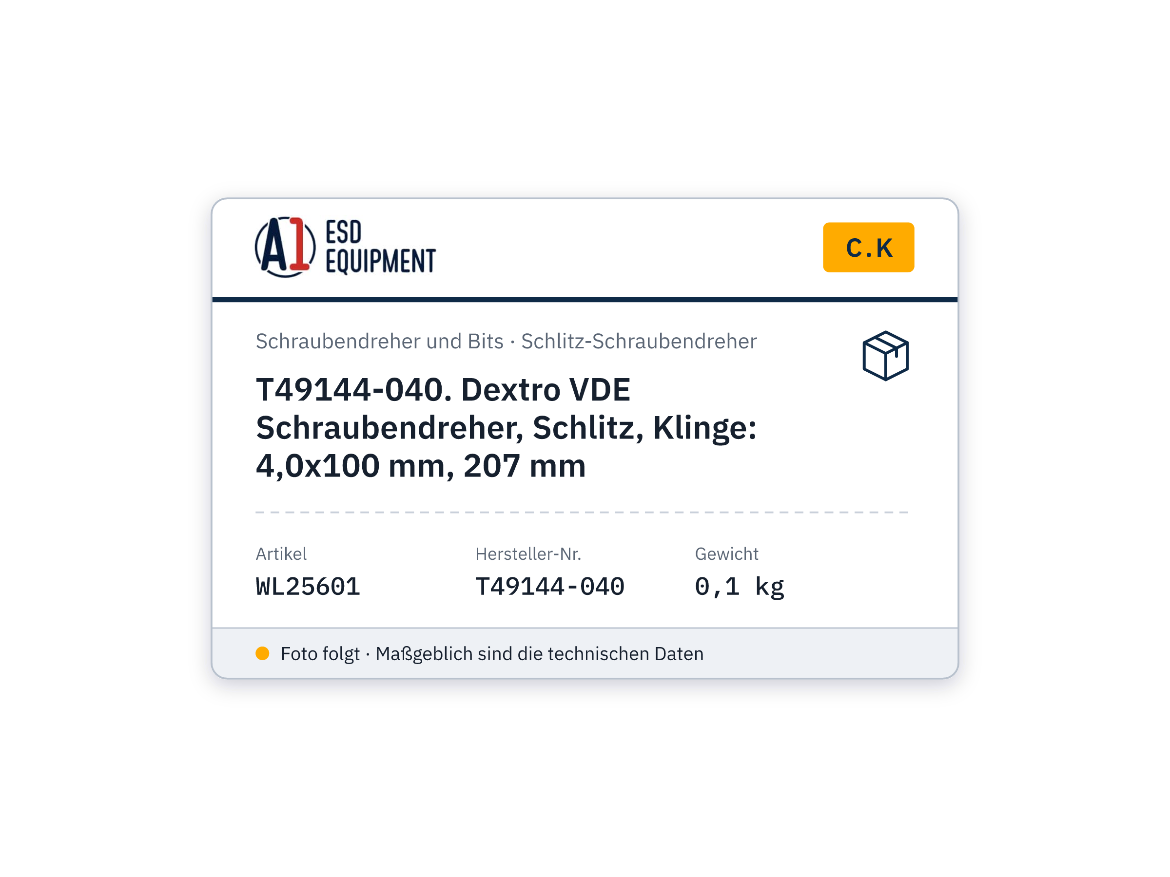 C.K T49144-040. Dextro VDE Schraubendreher, Schlitz, Klinge: 4,0x100 mm, 207 mm