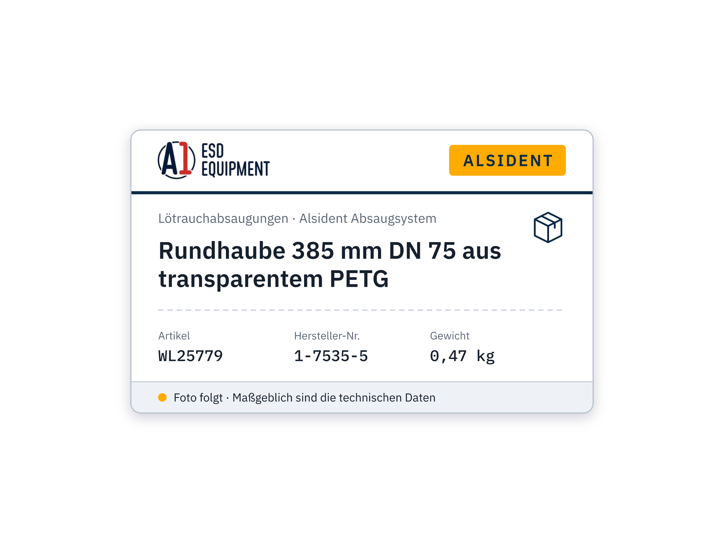 Rundhaube 385 mm DN 75 aus transparentem PETG - Alsident 1-7535-5