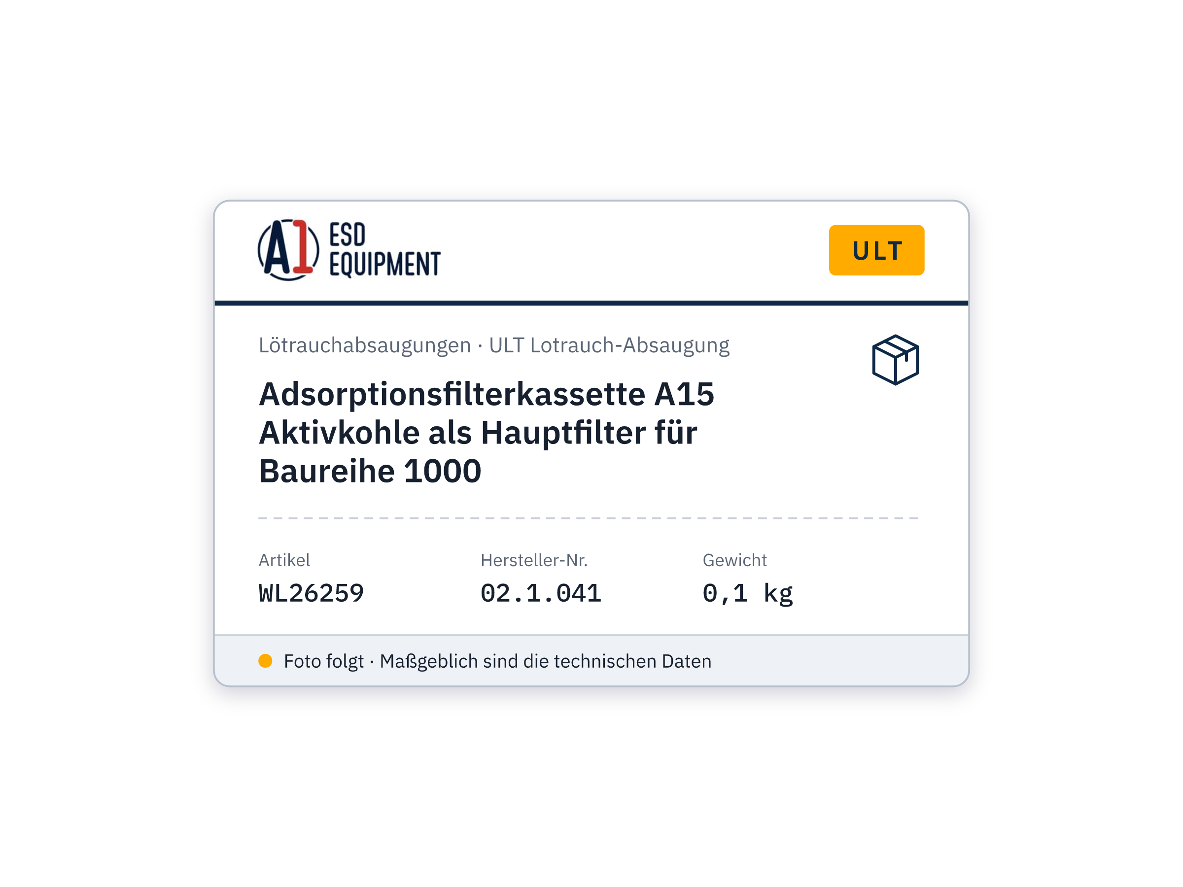 Adsorptionsfilterkassette A15 Aktivkohle als Hauptfilter für Baureihe 1000 - ULT 02.1.041
