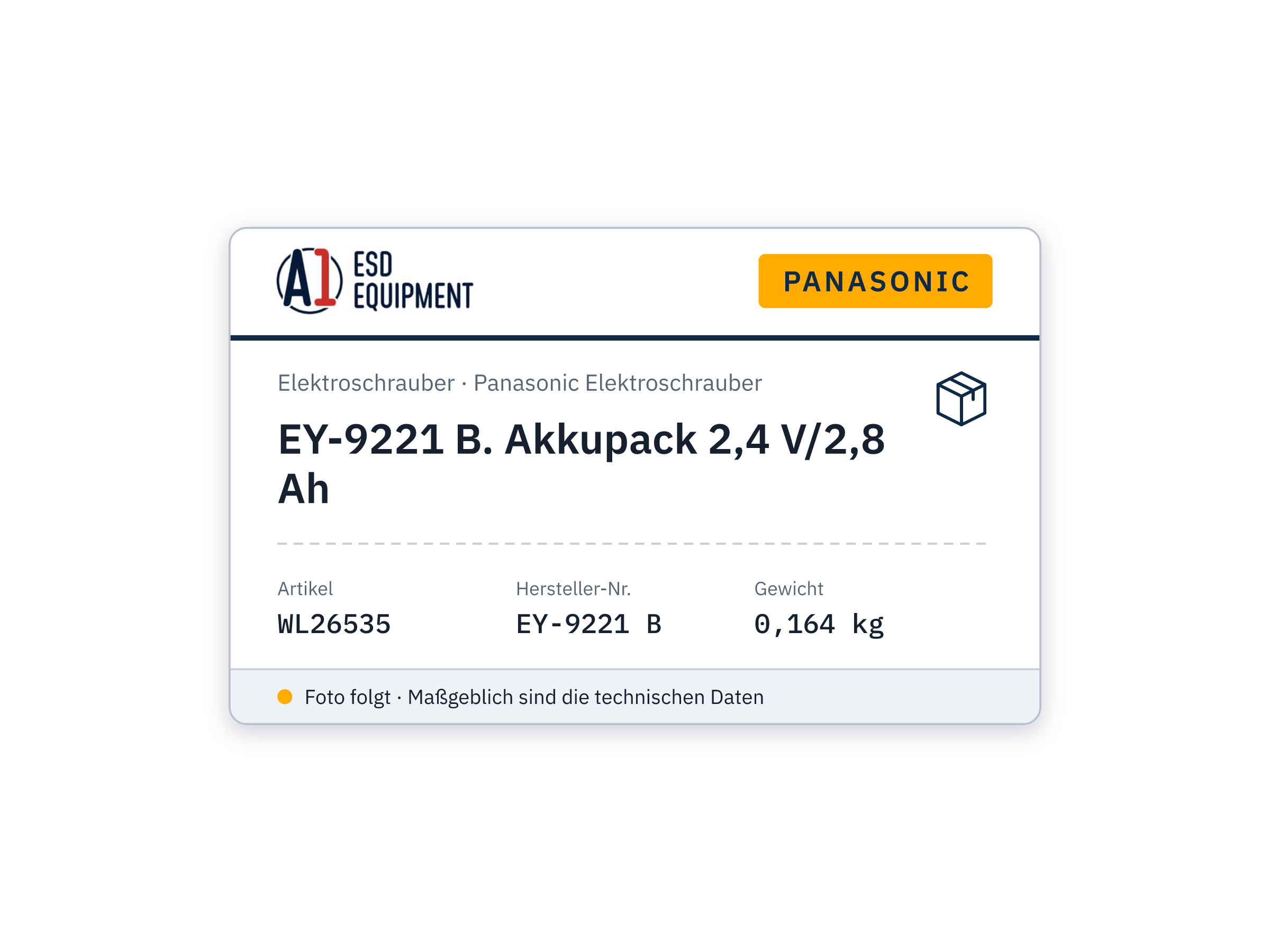 Panasonic EY-9221 B. Akkupack 2,4 V/2,8 Ah