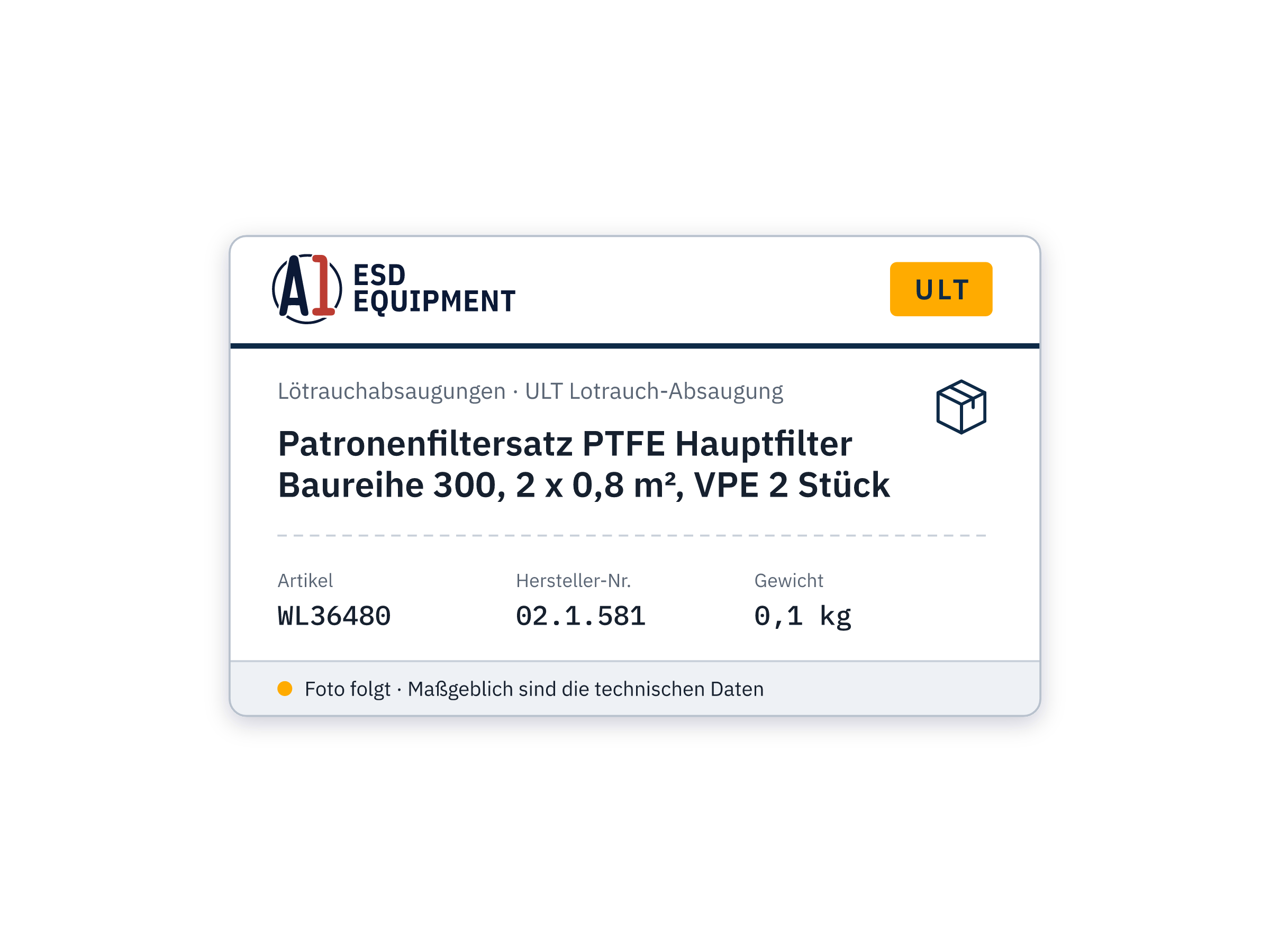 Patronenfiltersatz PTFE Hauptfilter Baureihe 300, 2 x 0,8 m², VPE 2 Stück - ULT 02.1.581