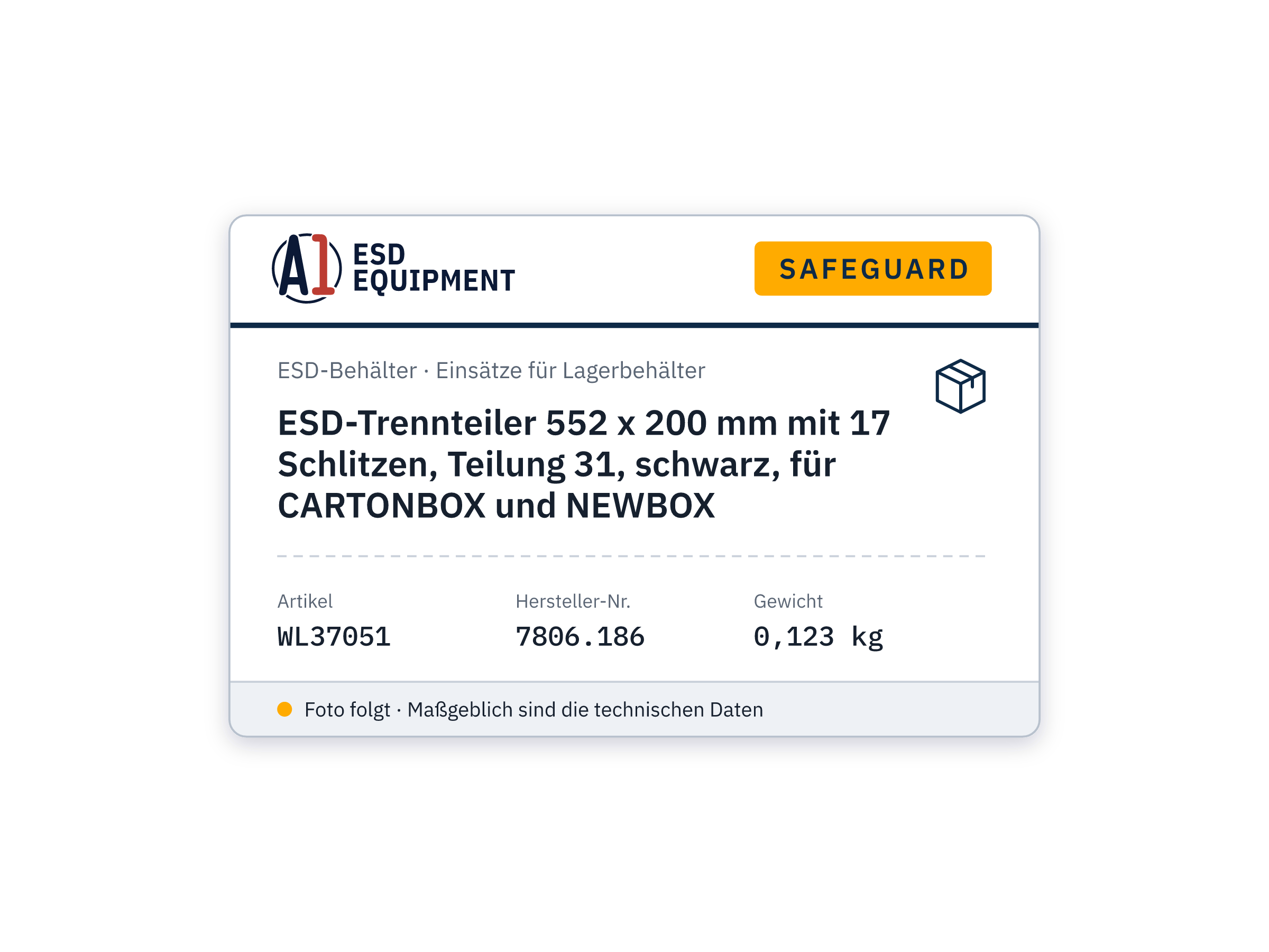 ESD-Trennteiler 552 x 200 mm mit 17 Schlitzen, Teilung 31, schwarz, für CARTONBOX und NEWBOX - Safeguard 7806.186