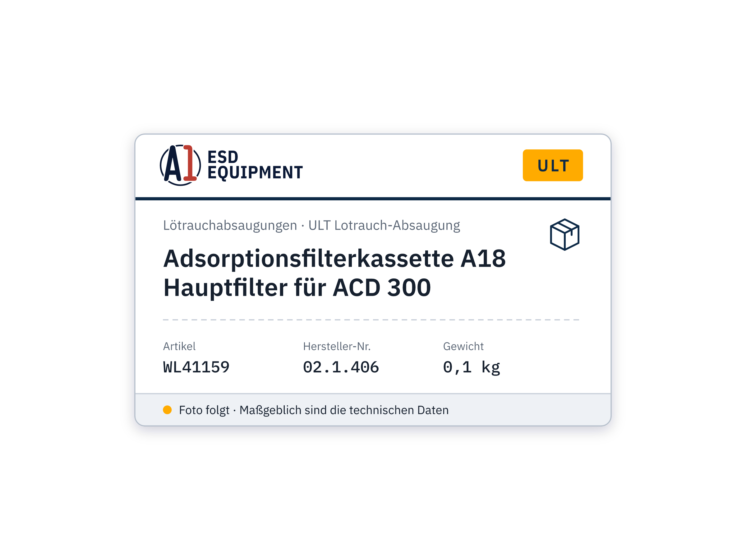 Adsorptionsfilterkassette A18 Hauptfilter für ACD 300 - ULT 02.1.406