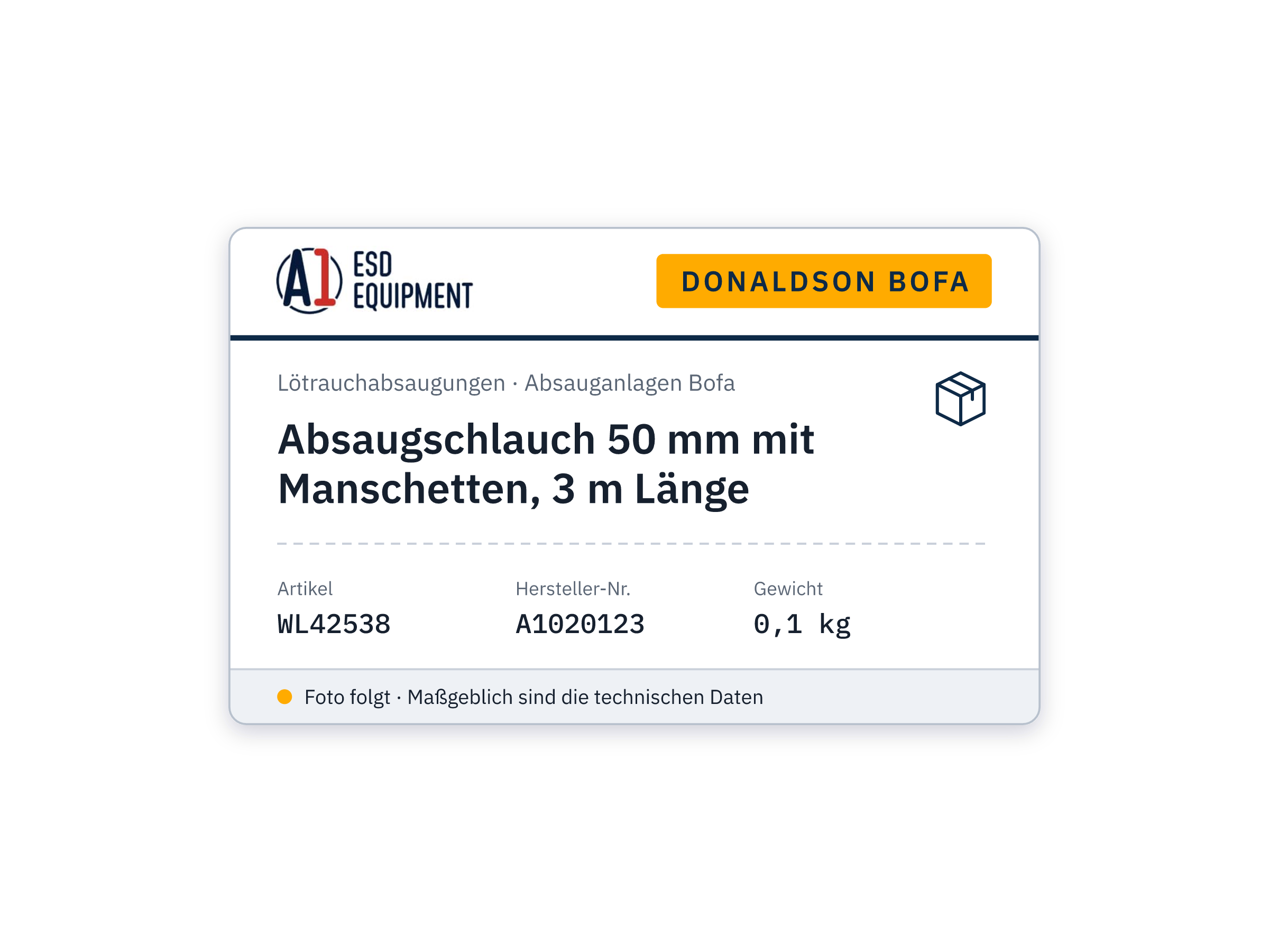 Absaugschlauch 50 mm mit Manschetten, 3 m Länge - Donaldson Bofa A1020123