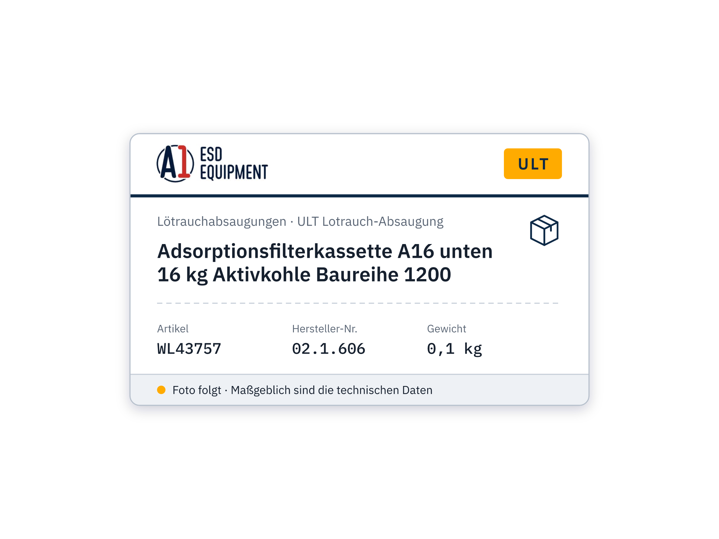 Adsorption filter cassette A16 lower 16 kg activated carbon 1200 series - ULT 02.1.606