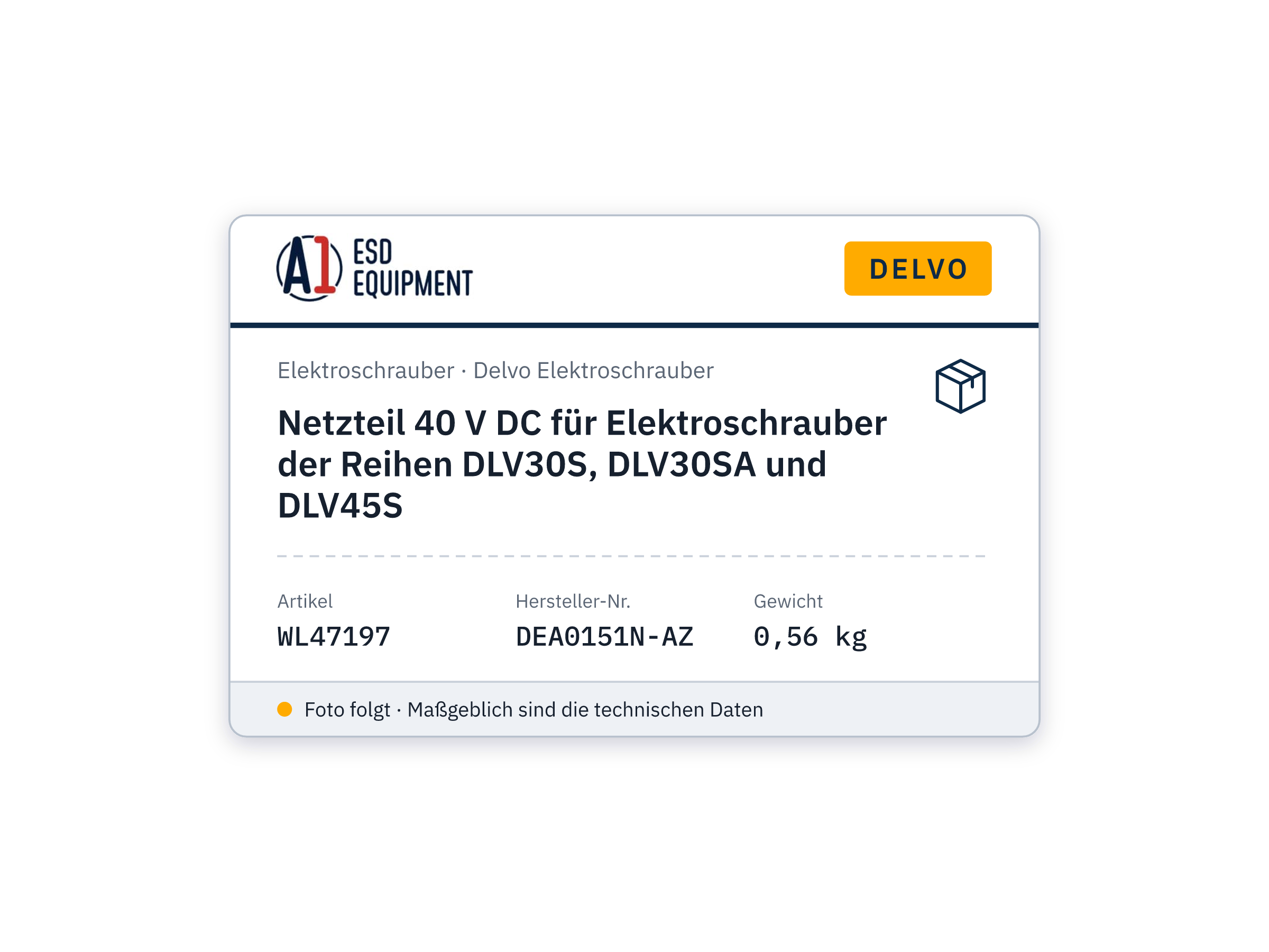 Power supply unit 40 V DC for DLV30S, DLV30SA and DLV45S electric screwdrivers - Delvo DEA0151N-AZ