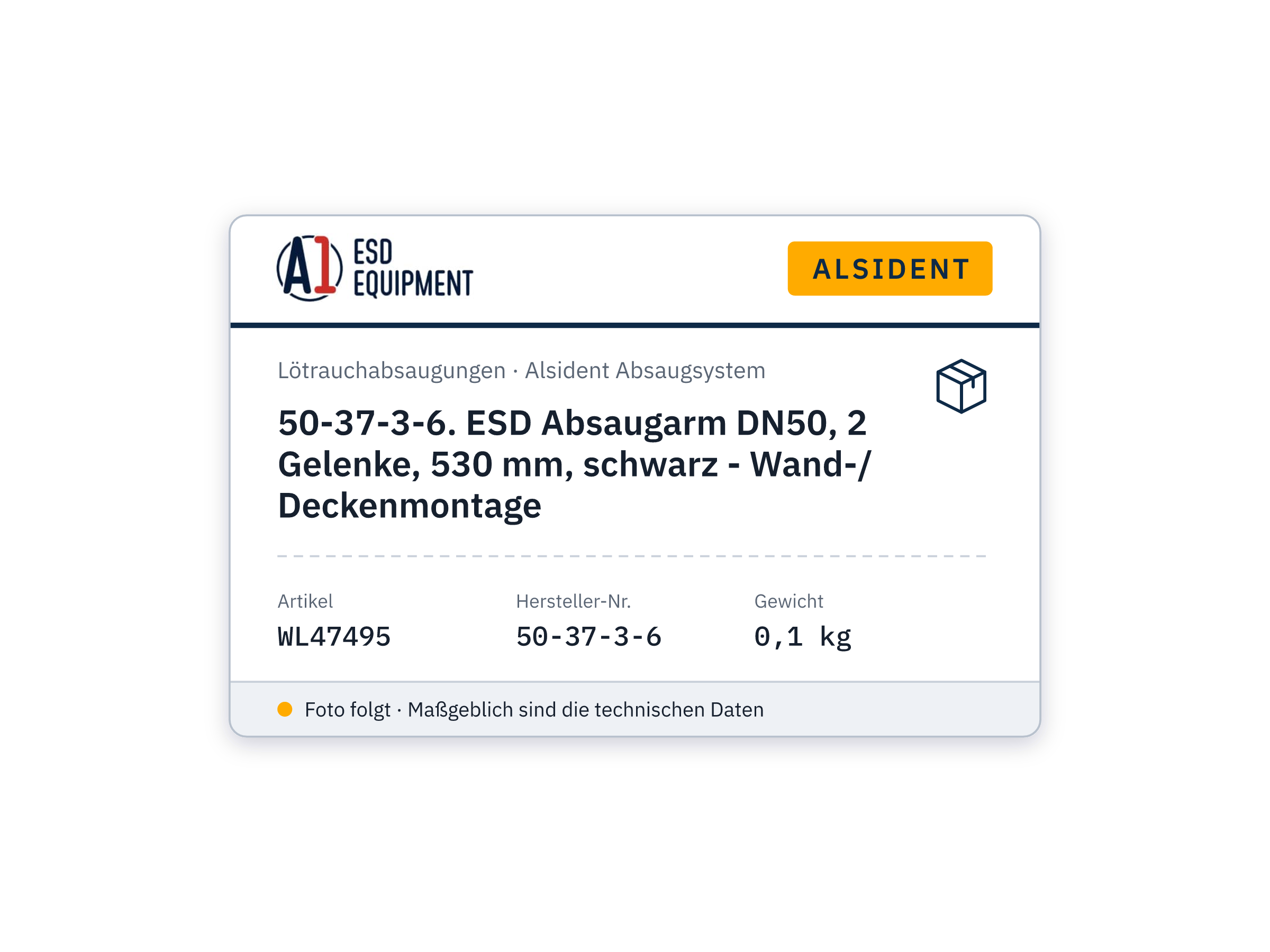 Alsident 50-37-3-6. ESD Absaugarm DN50, 2 Gelenke, 530 mm, schwarz - Wand-/ Deckenmontage