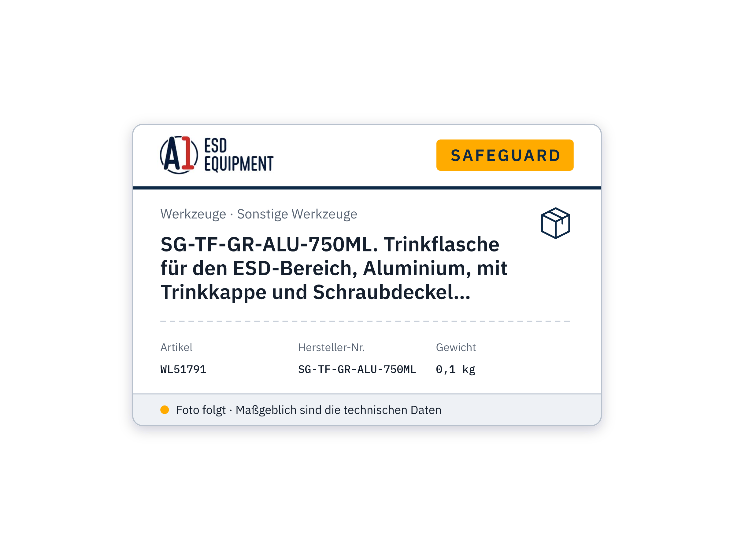 SG-TF-GR-ALU-750ML. Trinkflasche für den ESD-Bereich, Aluminium, mit Trinkkappe und Schraubdeckel, grau, 0,75 l