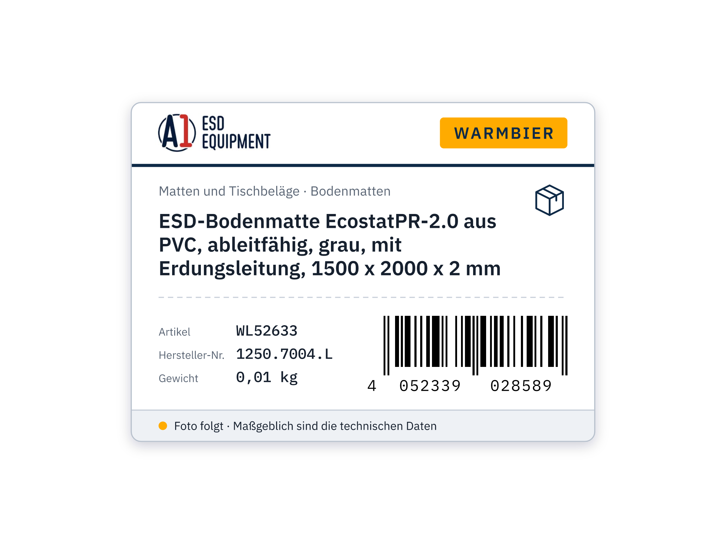 ESD-Bodenmatte EcostatPR-2.0 aus PVC, ableitfähig, grau, mit Erdungsleitung, 1500 x 2000 x 2 mm - Warmbier 1250.7004.L