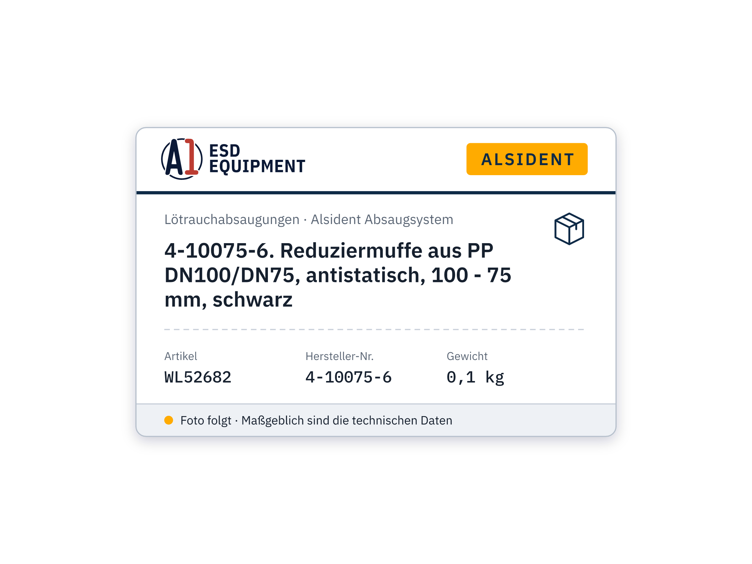 Alsident 4-10075-6. Reduziermuffe aus PP DN100/DN75, antistatisch, 100 - 75 mm, schwarz
