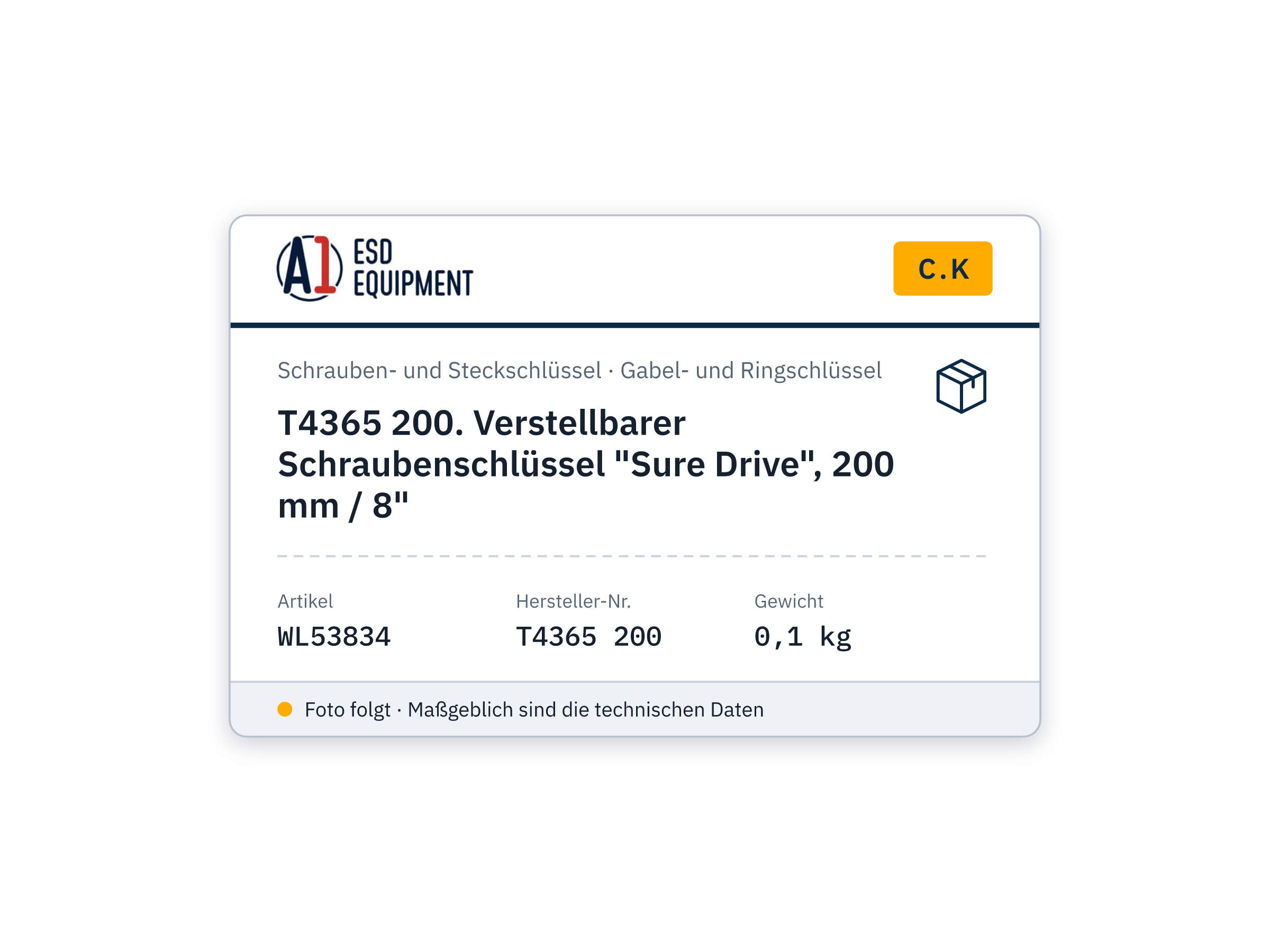C.K T4365 200. C.K. Clé plate réglable « Sure Drive »