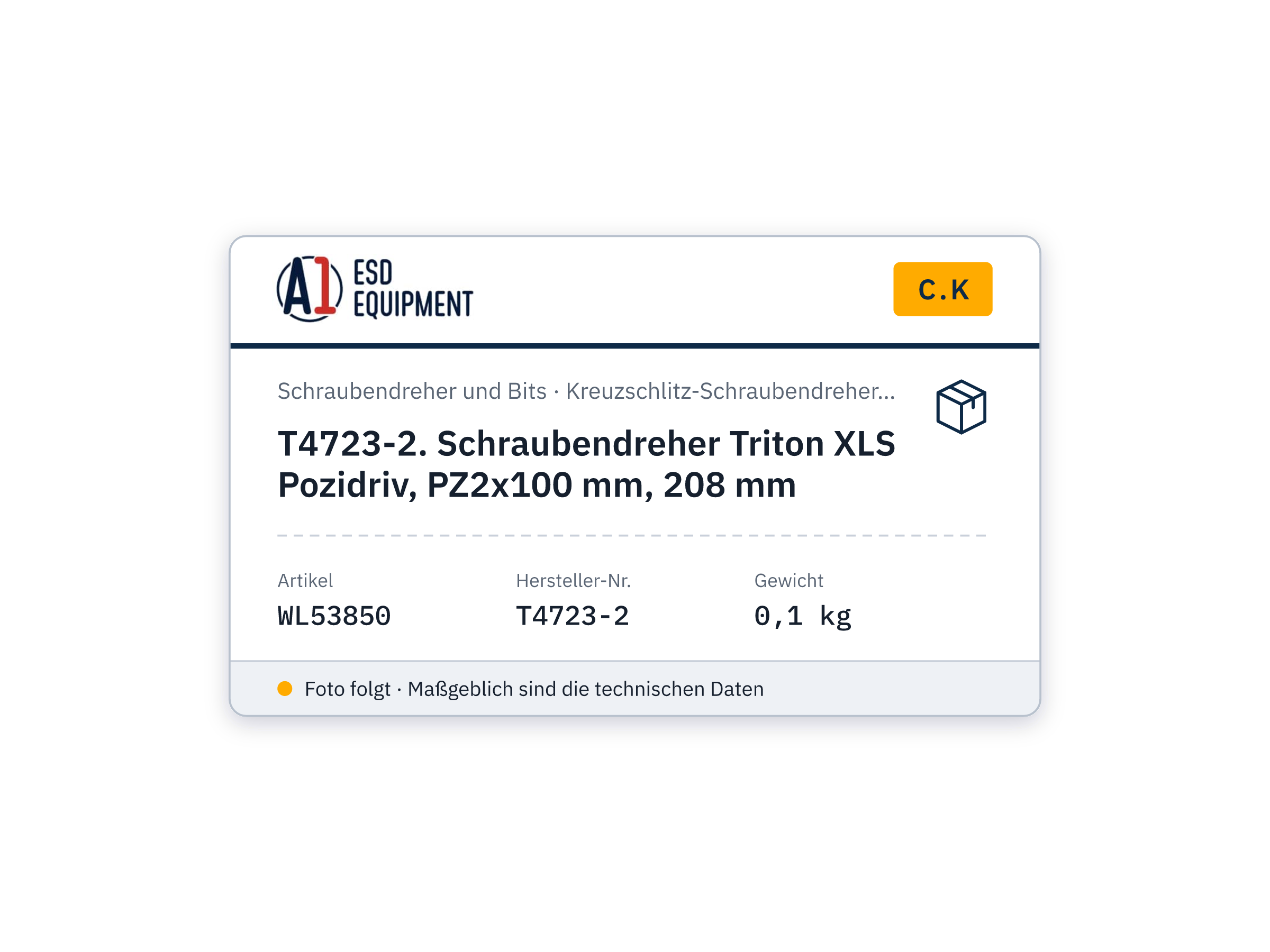 C.K T4723-2. Schraubendreher Triton XLS Pozidriv, PZ2x100 mm, 208 mm