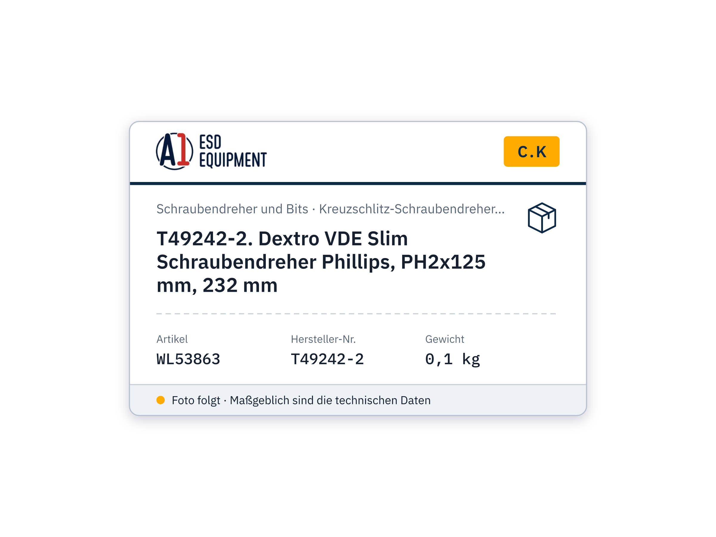 C.K T49242-2. Dextro VDE Slim Schraubendreher Phillips, PH2x125 mm, 232 mm