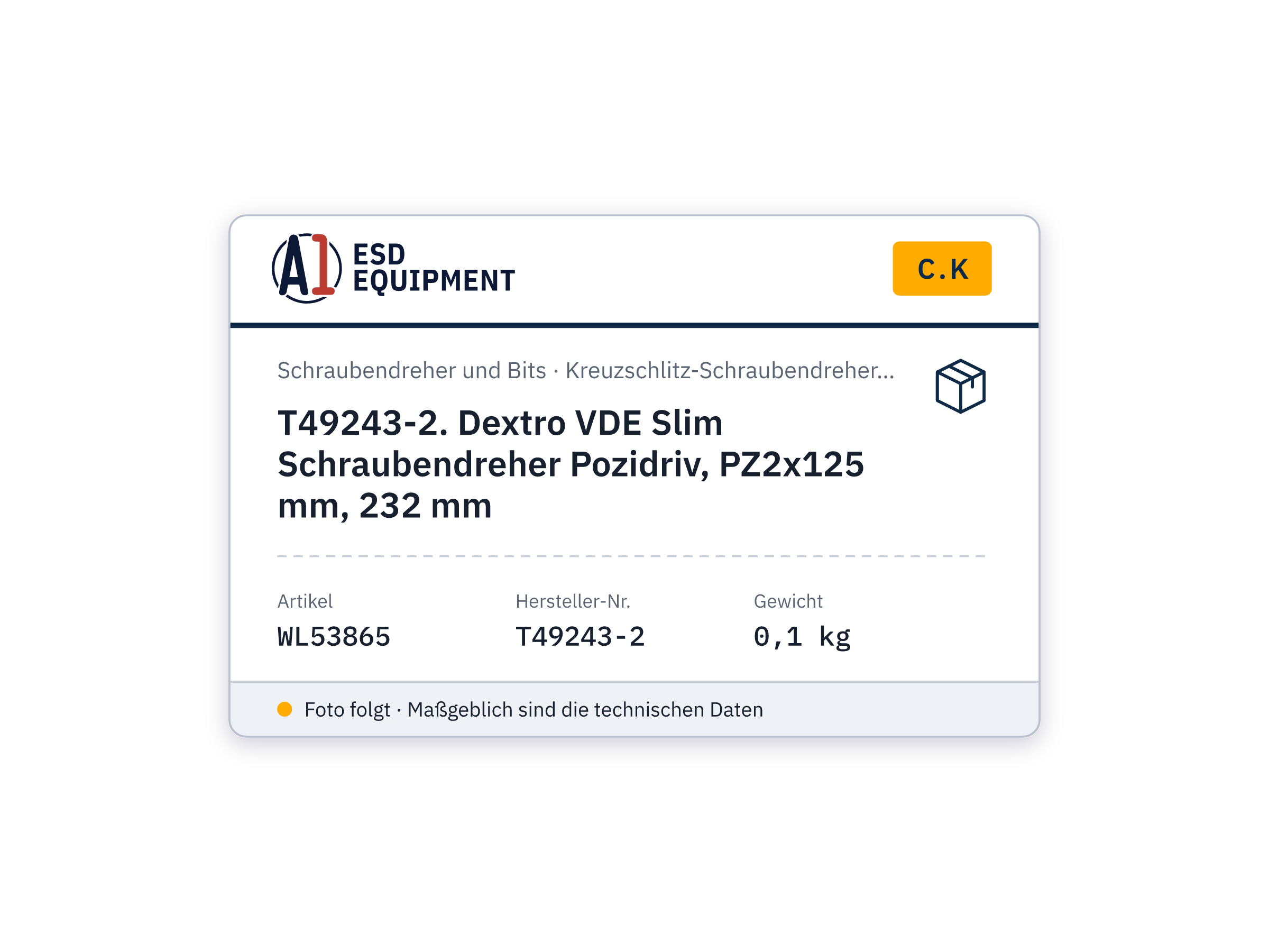 C.K T49243-2. Dextro VDE Slim Schraubendreher Pozidriv, PZ2x125 mm, 232 mm