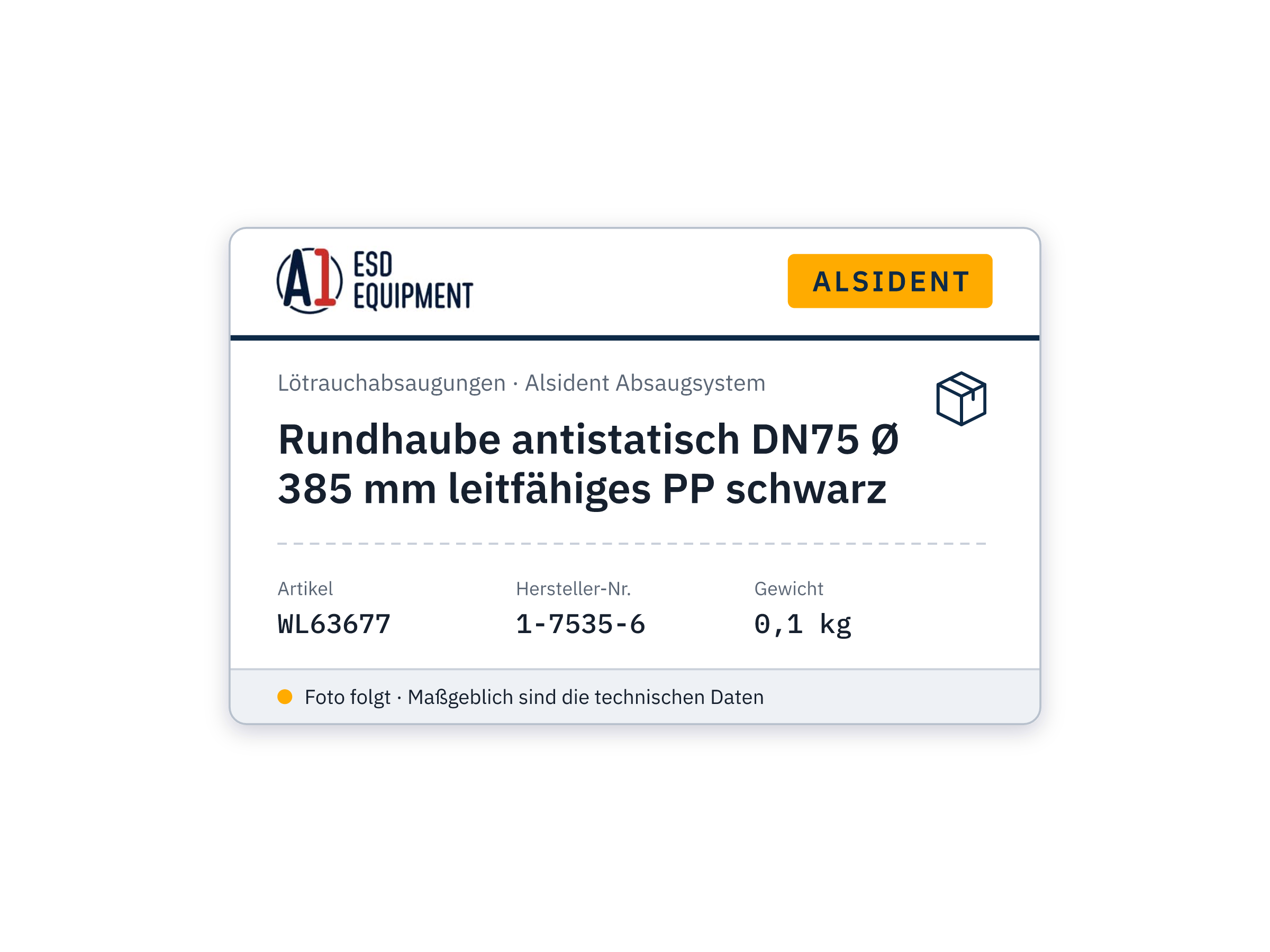 Rundhaube antistatisch DN75 Ø 385 mm leitfähiges PP schwarz - Alsident 1-7535-6