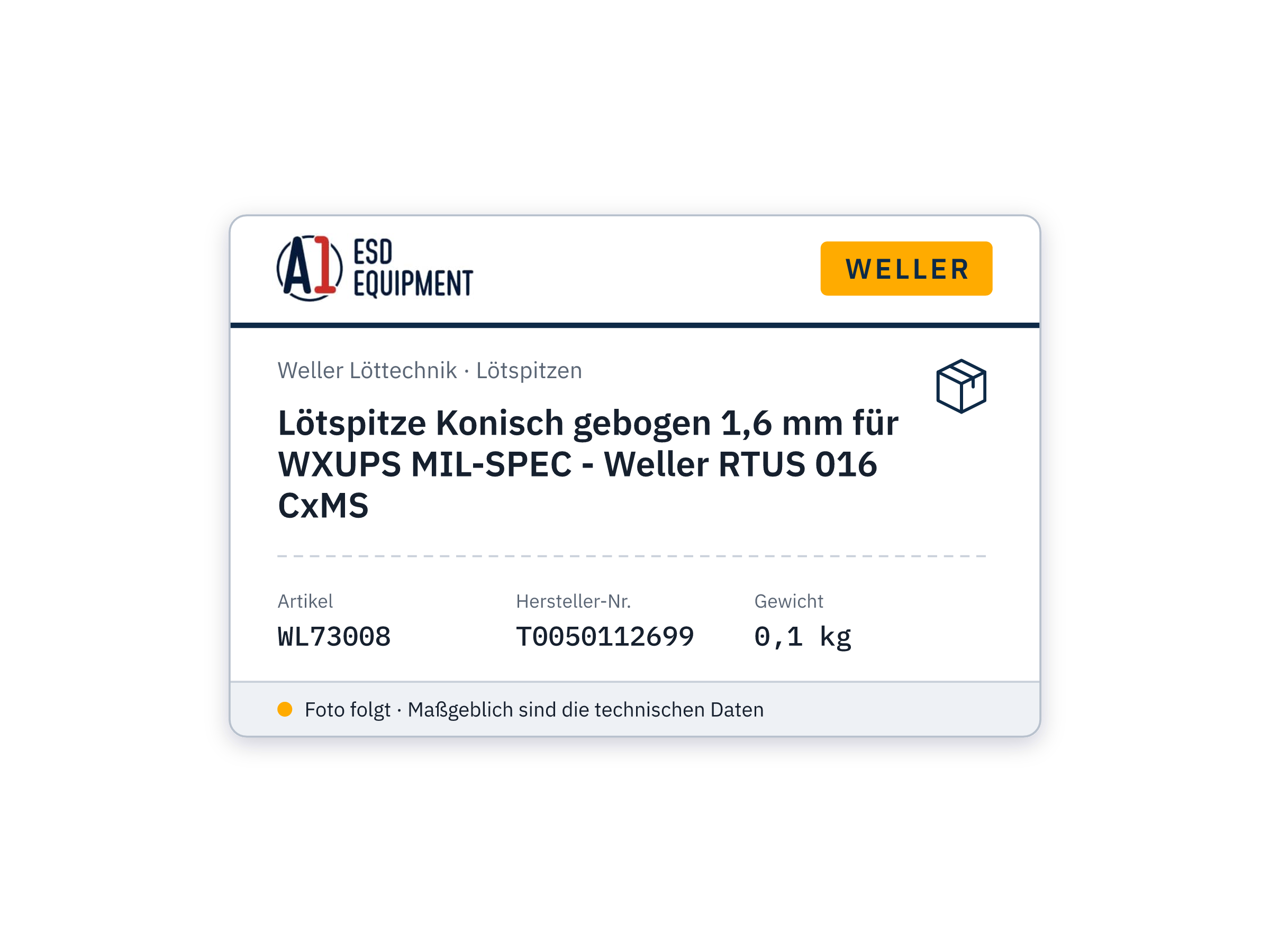 Panne de soudage conique coudée 1,6 mm pour WXUPS MIL-SPEC - Weller RTUS 016 CxMS