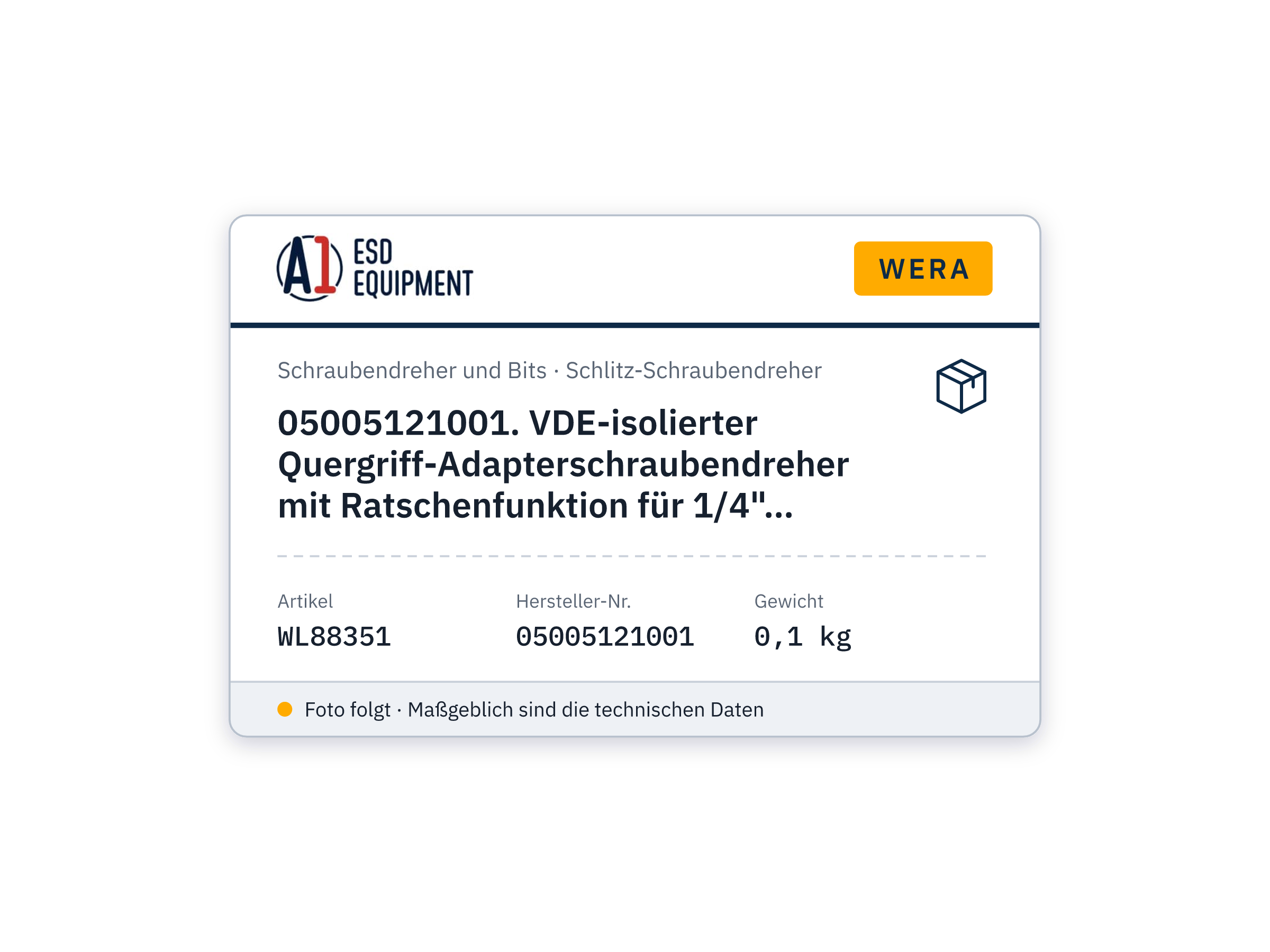 Wera 05005121001. VDE-isolierter Quergriff-Adapterschraubendreher mit Ratschenfunktion für 1/4" Steckschlüsseleinsätze, 1/4" x 130 mm