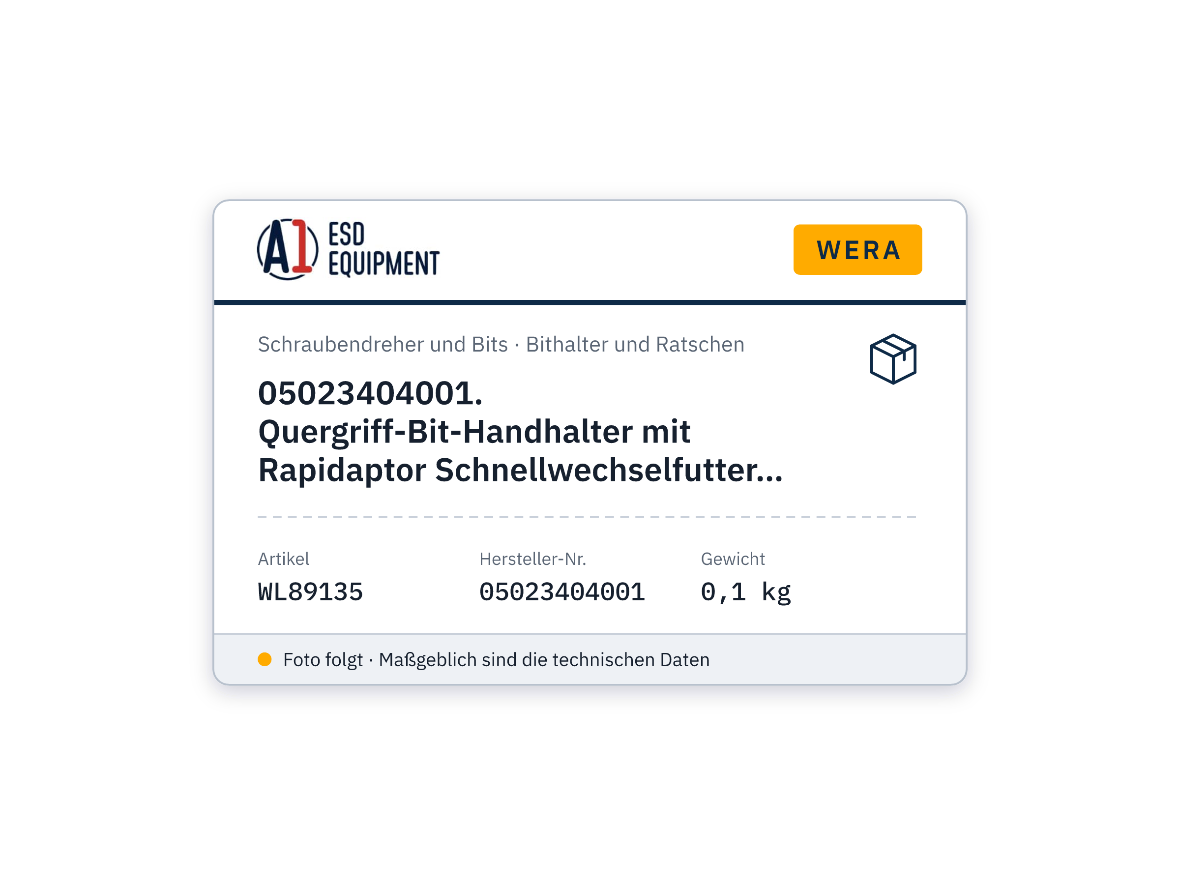 Wera 05023404001. Quergriff-Bit-Handhalter mit Rapidaptor Schnellwechselfutter, 1/4" x 45 mm