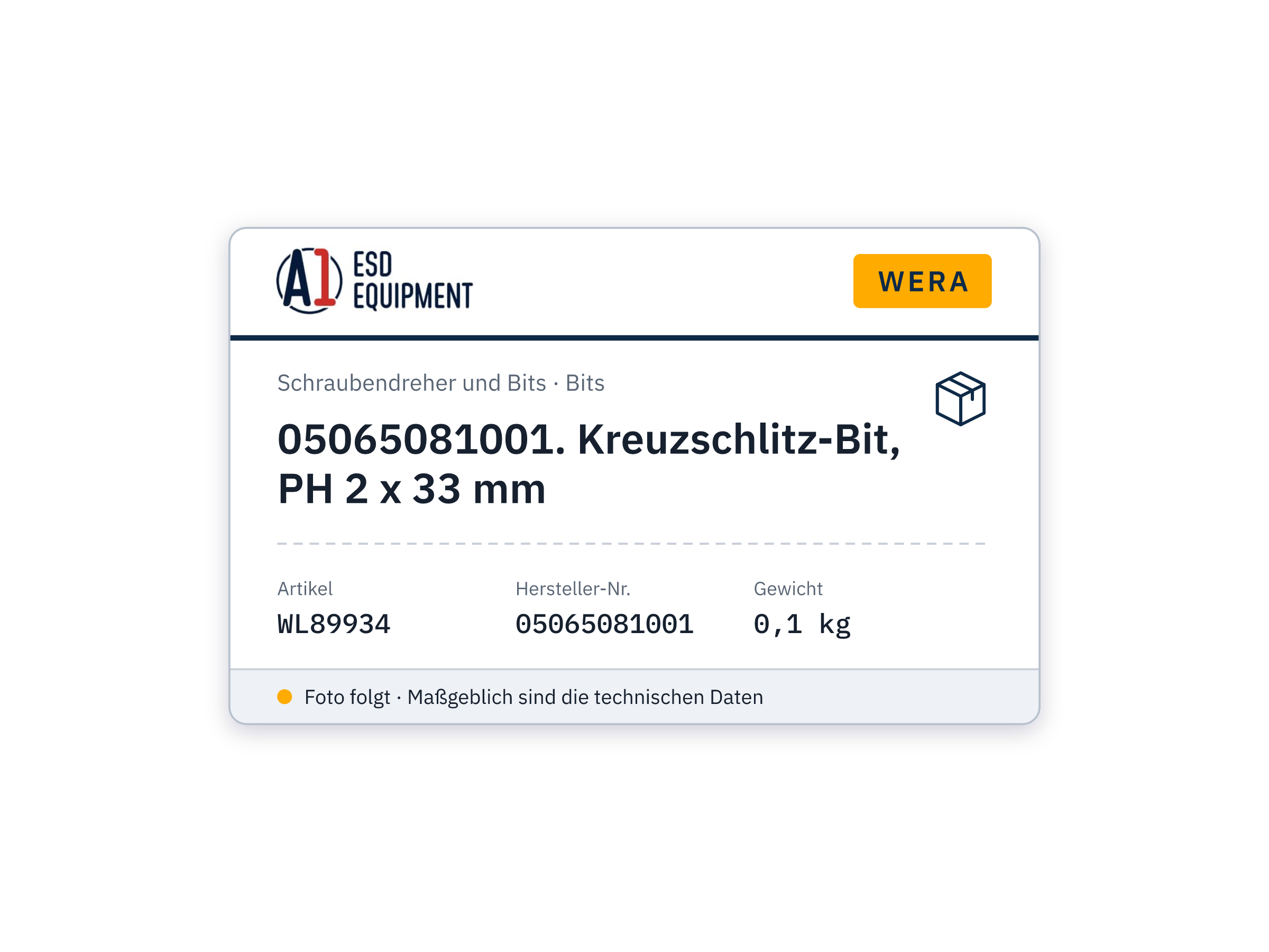Wera 05065081001. Kreuzschlitz-Bit, PH 2 x 33 mm