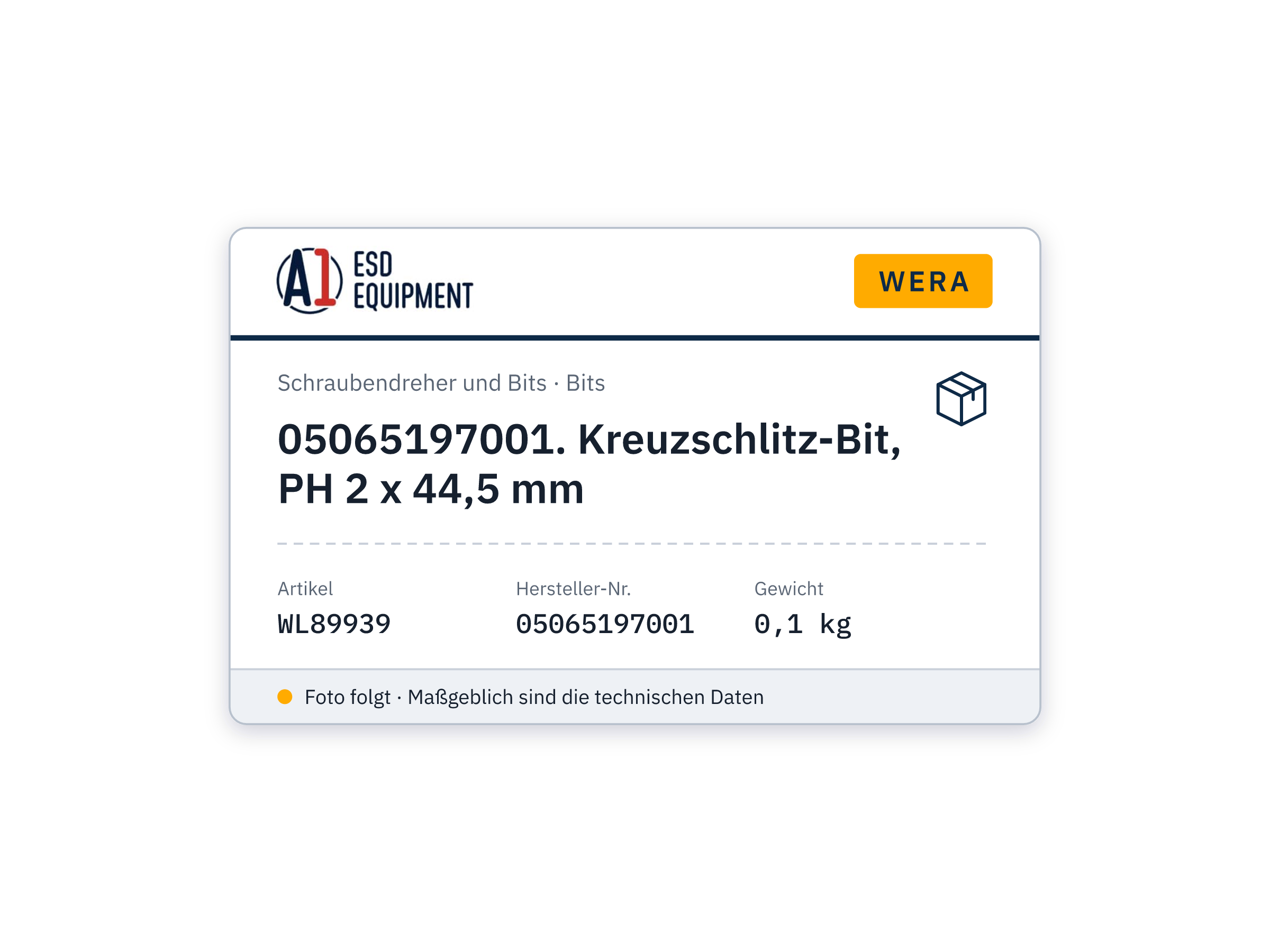 Wera 05065197001. Kreuzschlitz-Bit, PH 2 x 44,5 mm